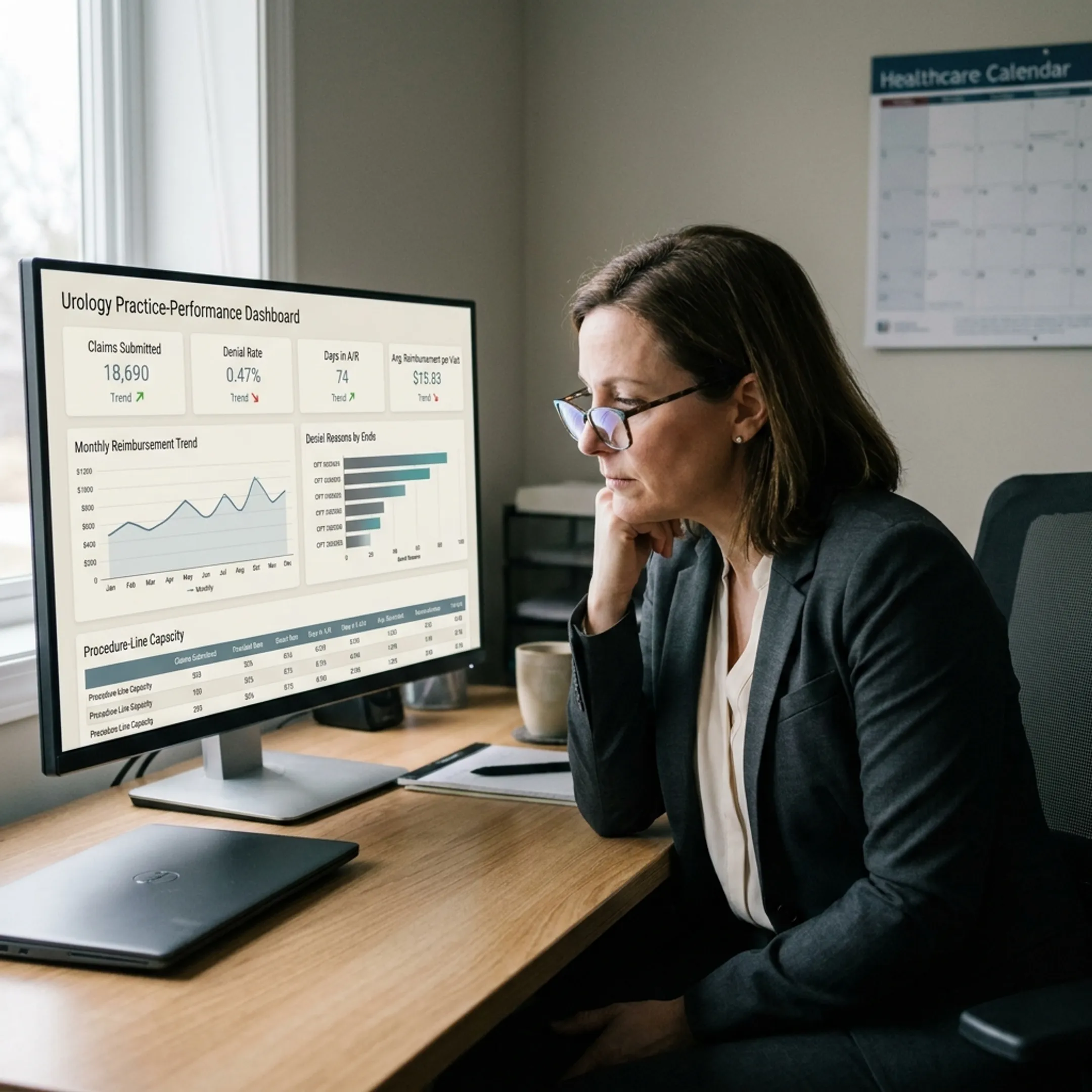 Healthcare leader analyzing urology revenue-cycle performance dashboard