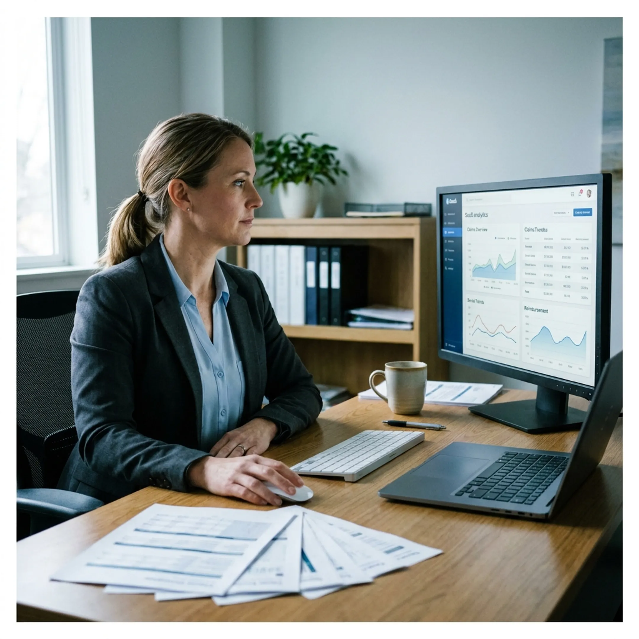 Urology practice administrator reviewing revenue-cycle analytics on a computer
