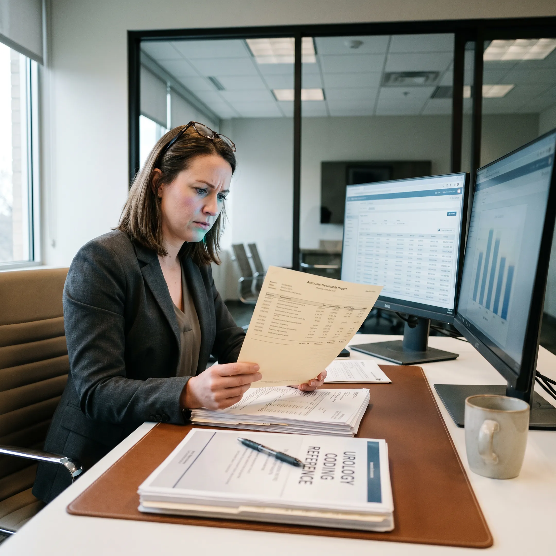 Urology billing specialist reviewing claims, denial reports, and accounts receivable data on a computer