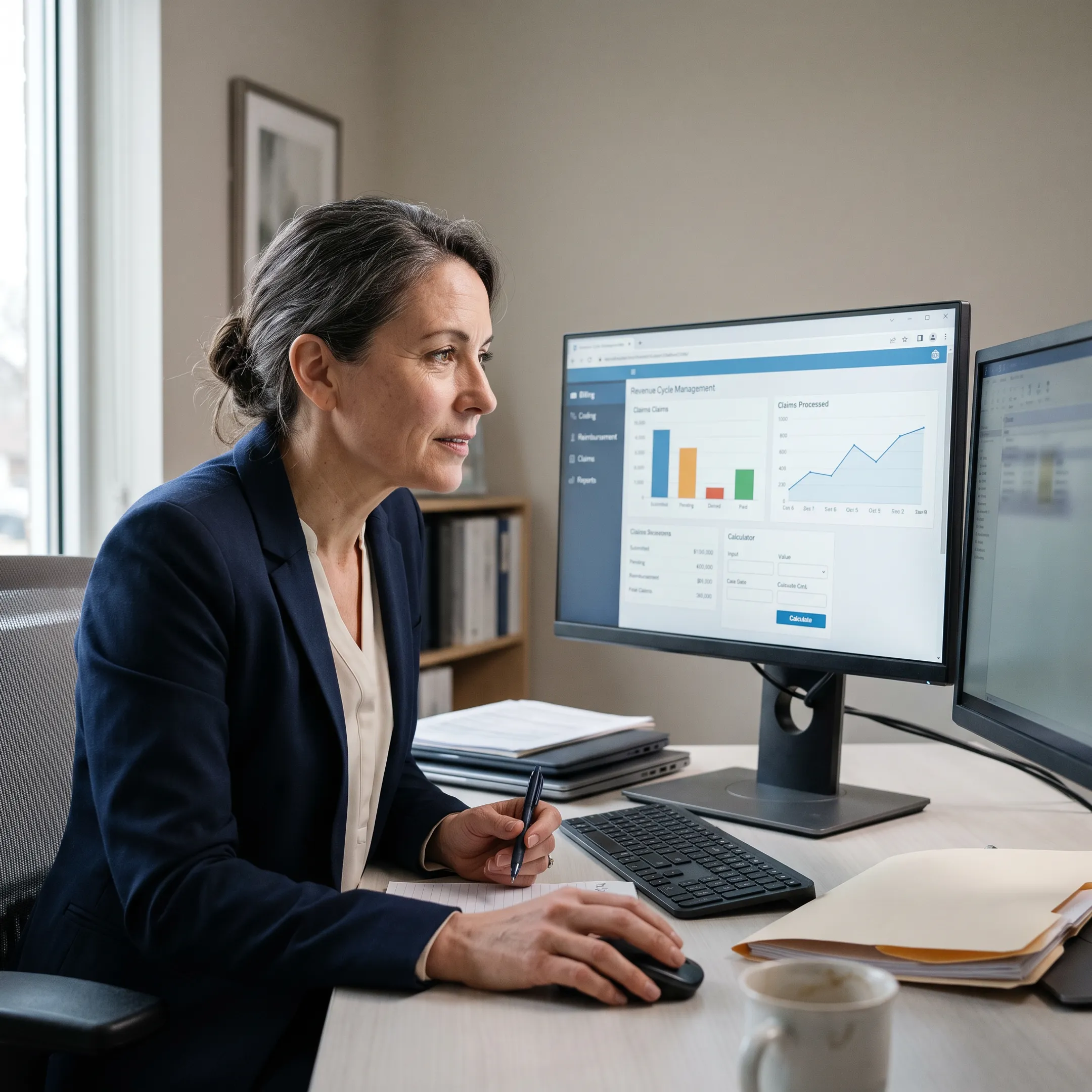 Urology practice administrator reviewing billing and coding software dashboard