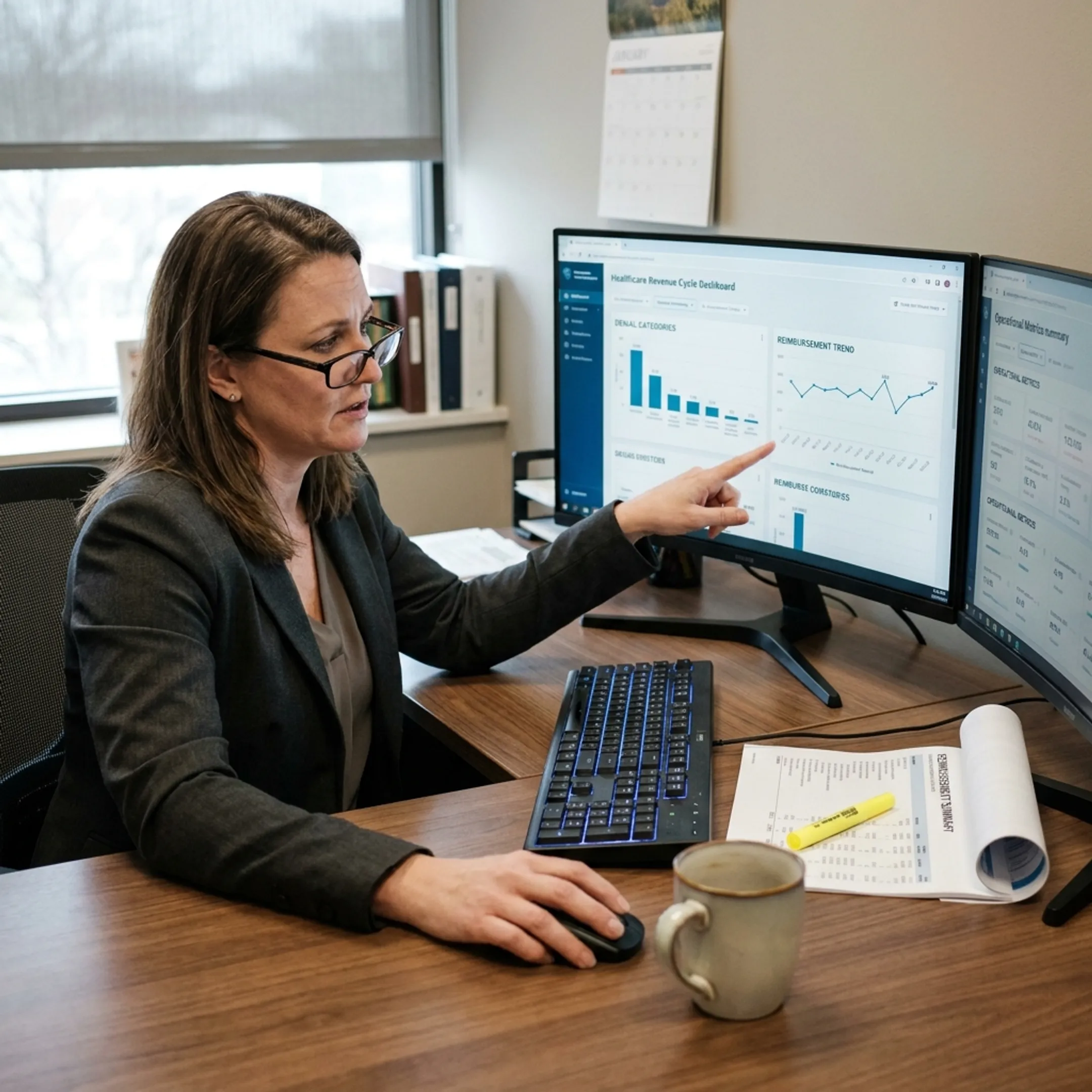 Urology administrator analyzing reimbursement, coding, and practice performance reports on a computer