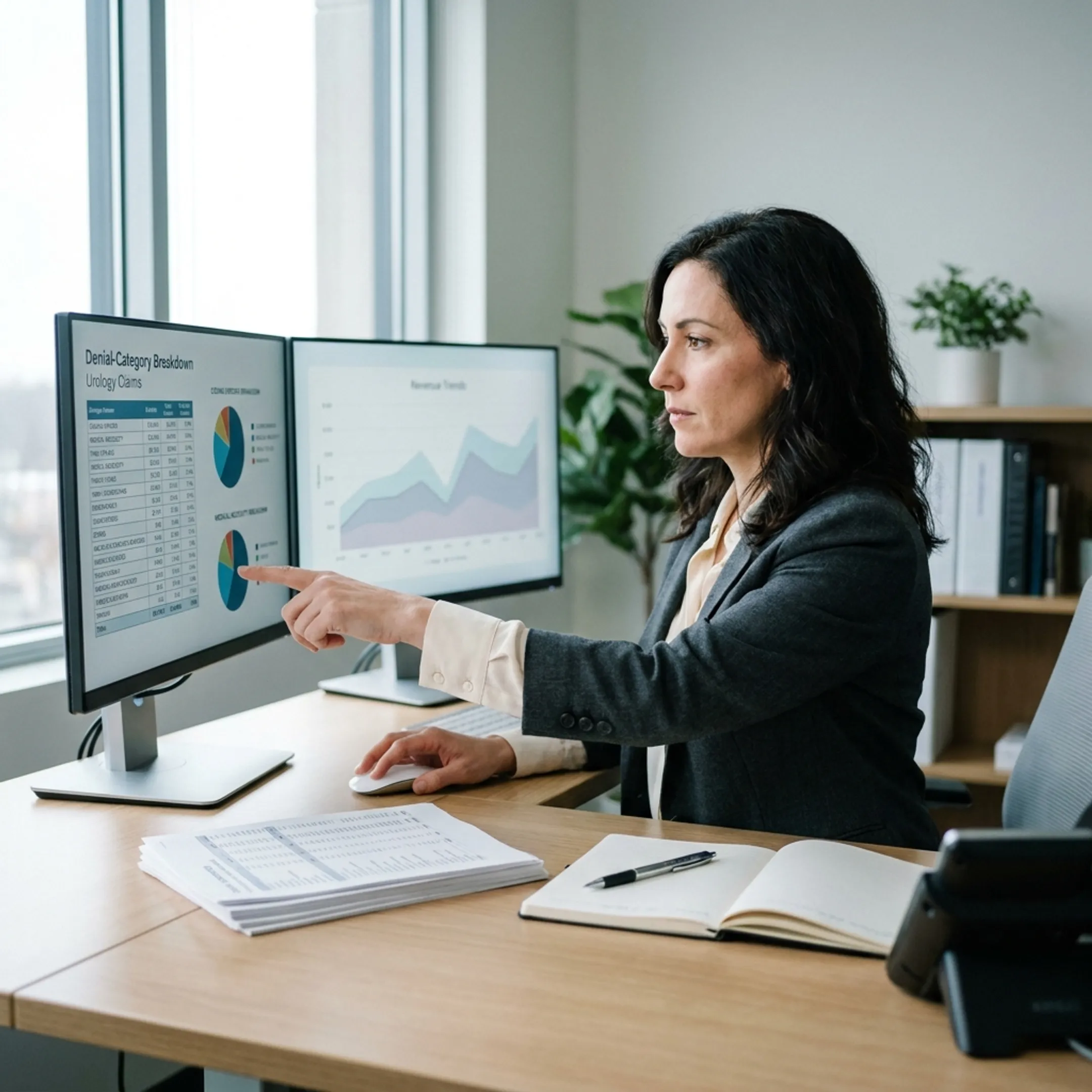 Consultant examining urology billing and denial data on a computer screen