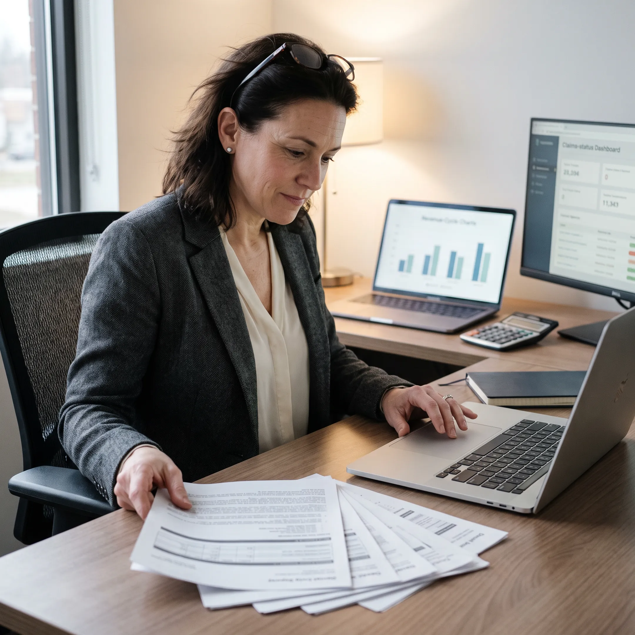 Urology practice administrator reviewing billing reports and reimbursement data with a consultant