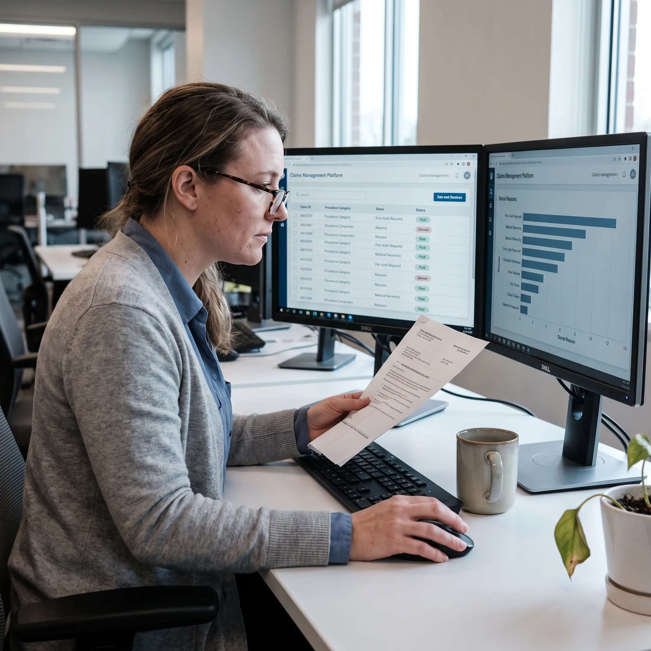 Urology billing analyst examining claims and reimbursement data for an independent practice