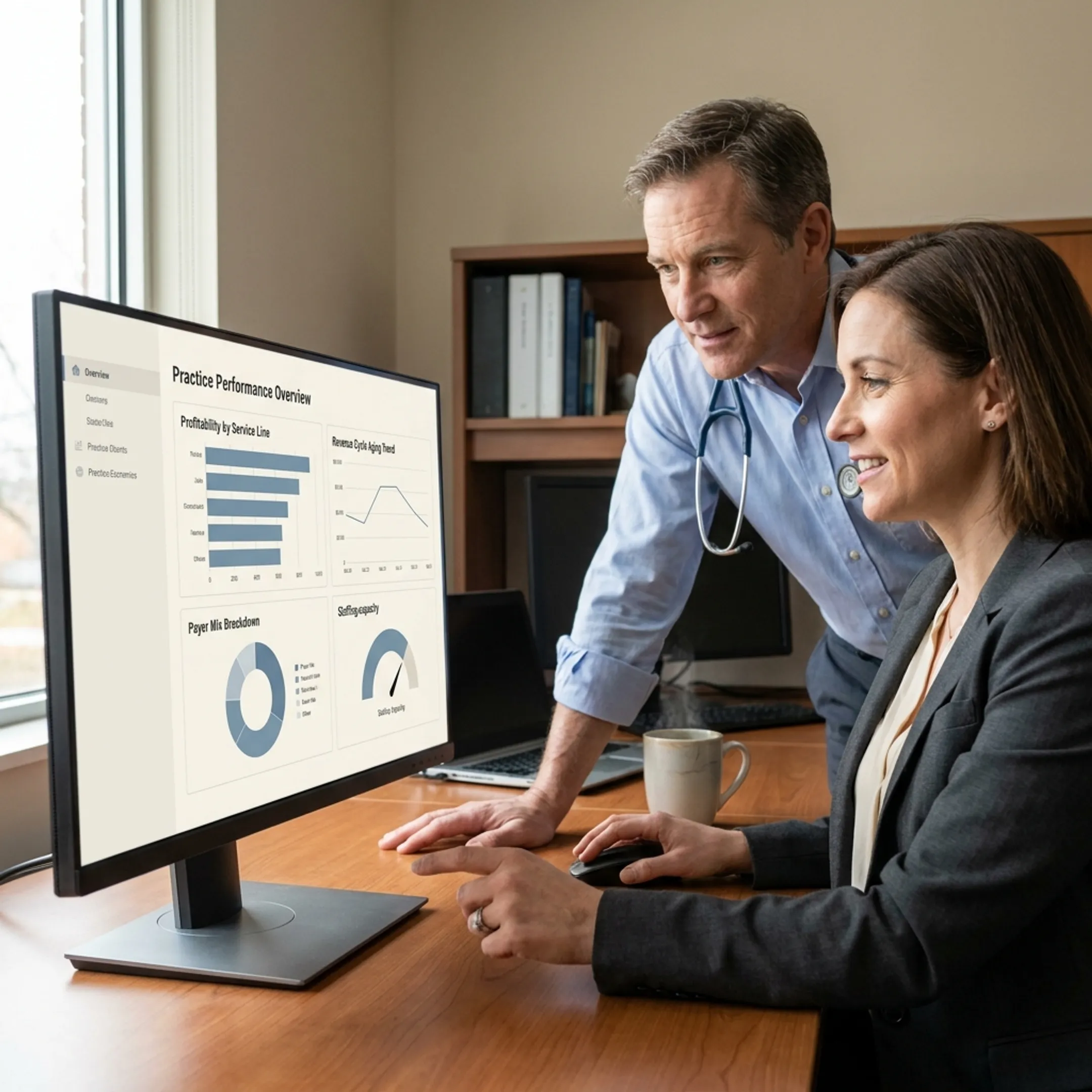 Urology practice leaders analyzing procedure profitability and capacity data on a computer
