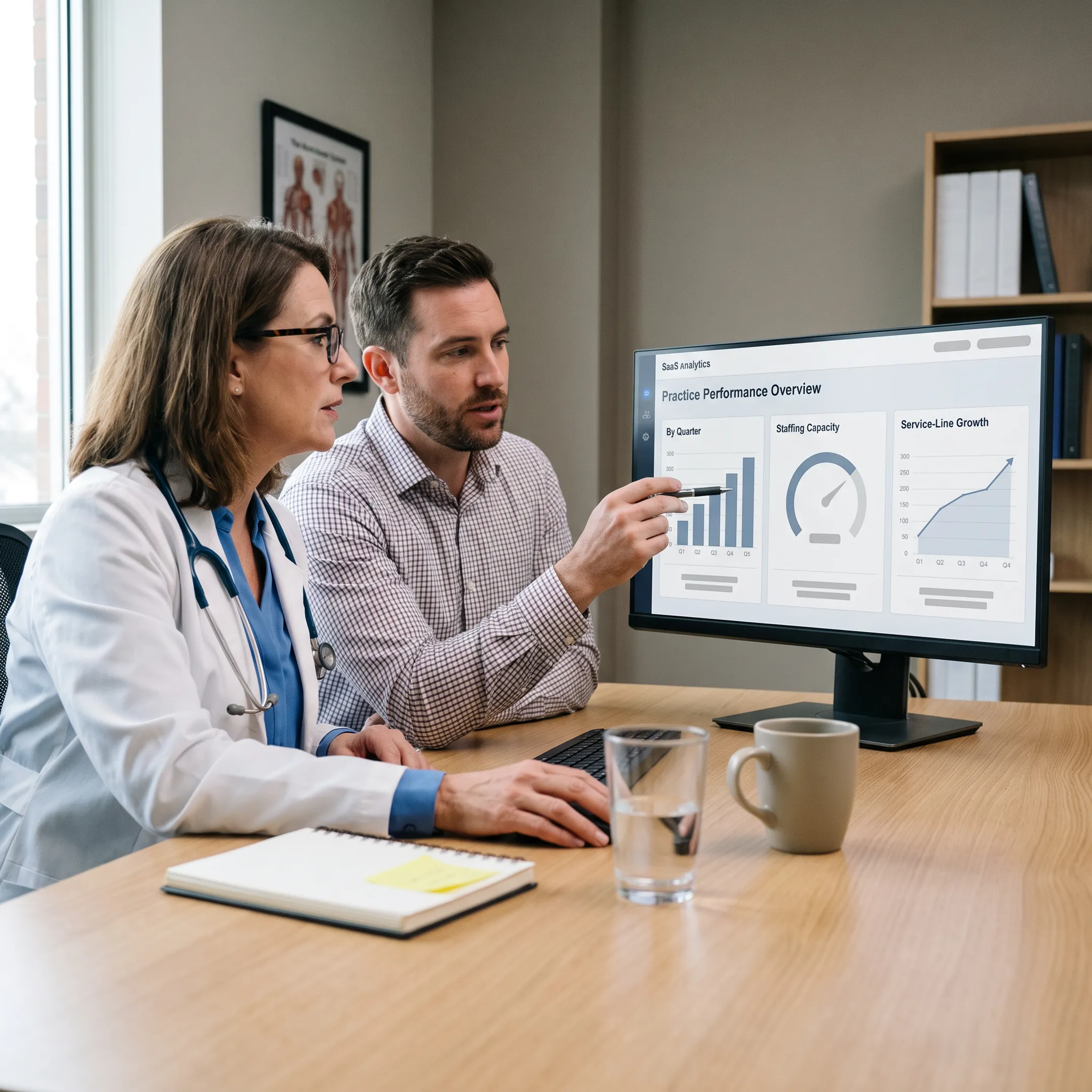 Urology practice manager reviewing financial and operational reports with a physician in an office