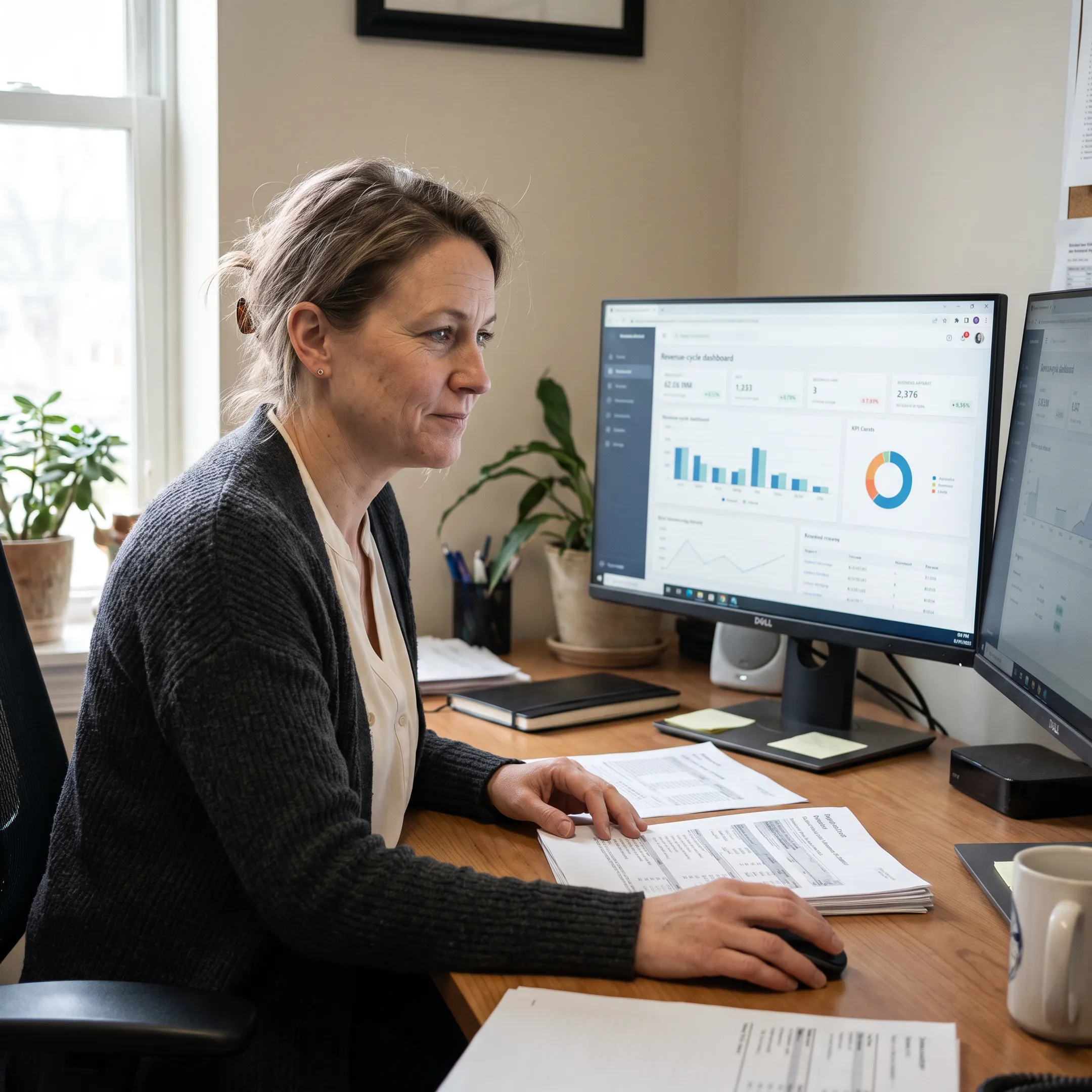 Urology practice administrator reviewing billing analytics and revenue cycle reports on a desktop computer