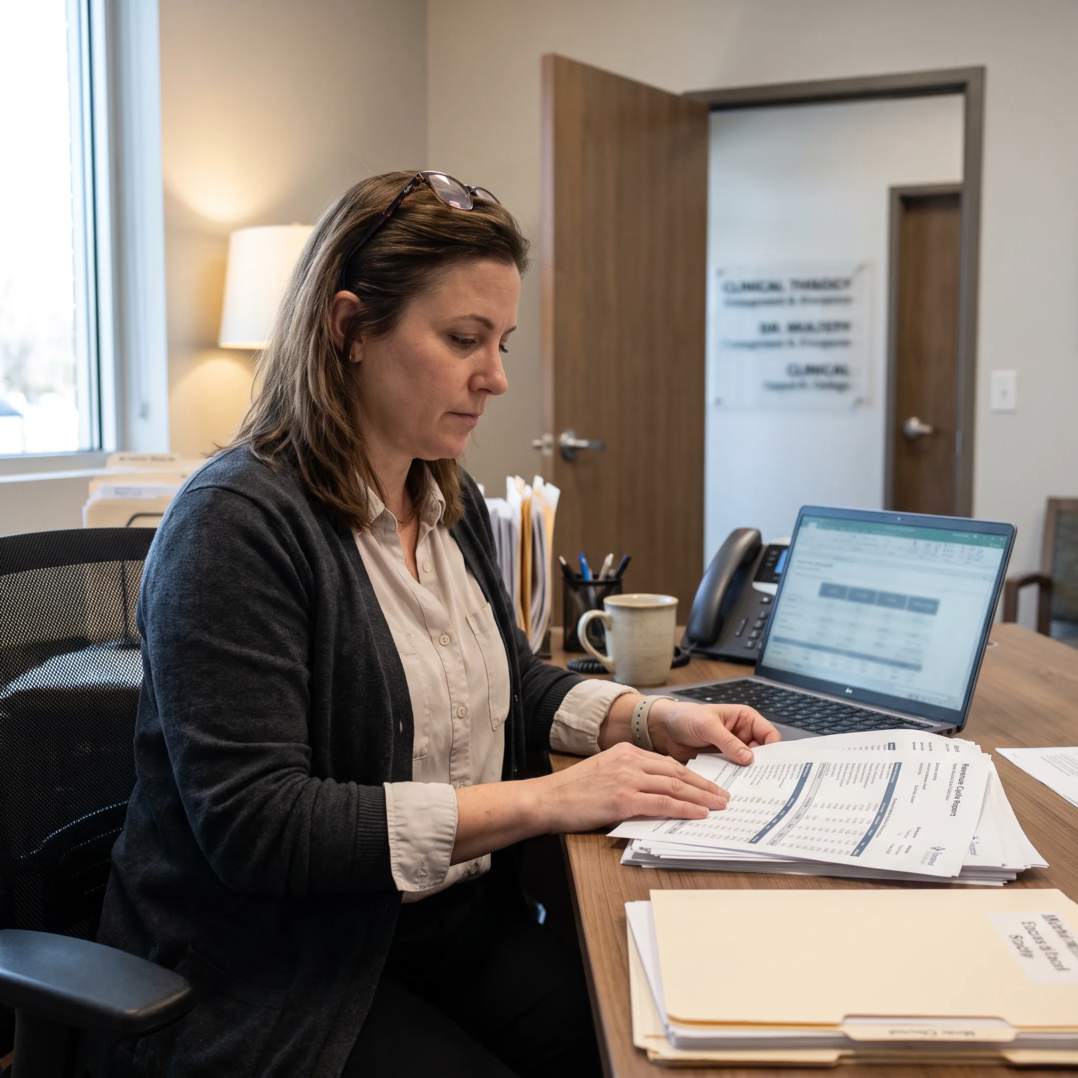 Urology practice administrator reviewing medical billing and revenue cycle reports