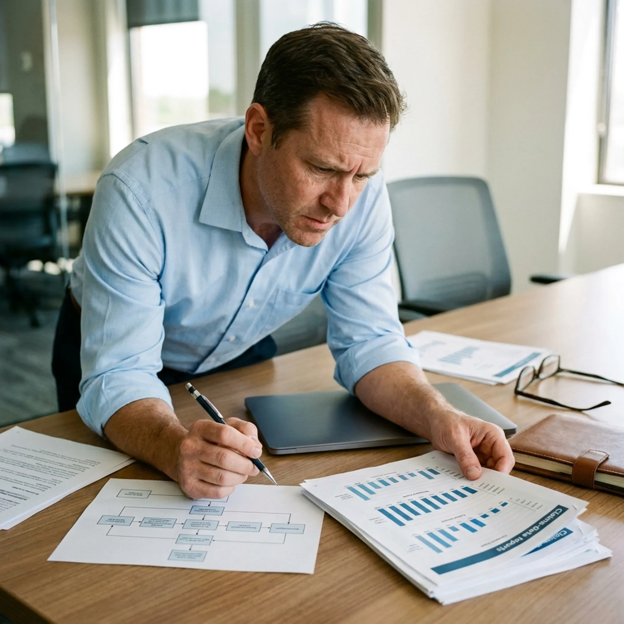 Consultant and urology practice owner analyzing workflow and revenue data