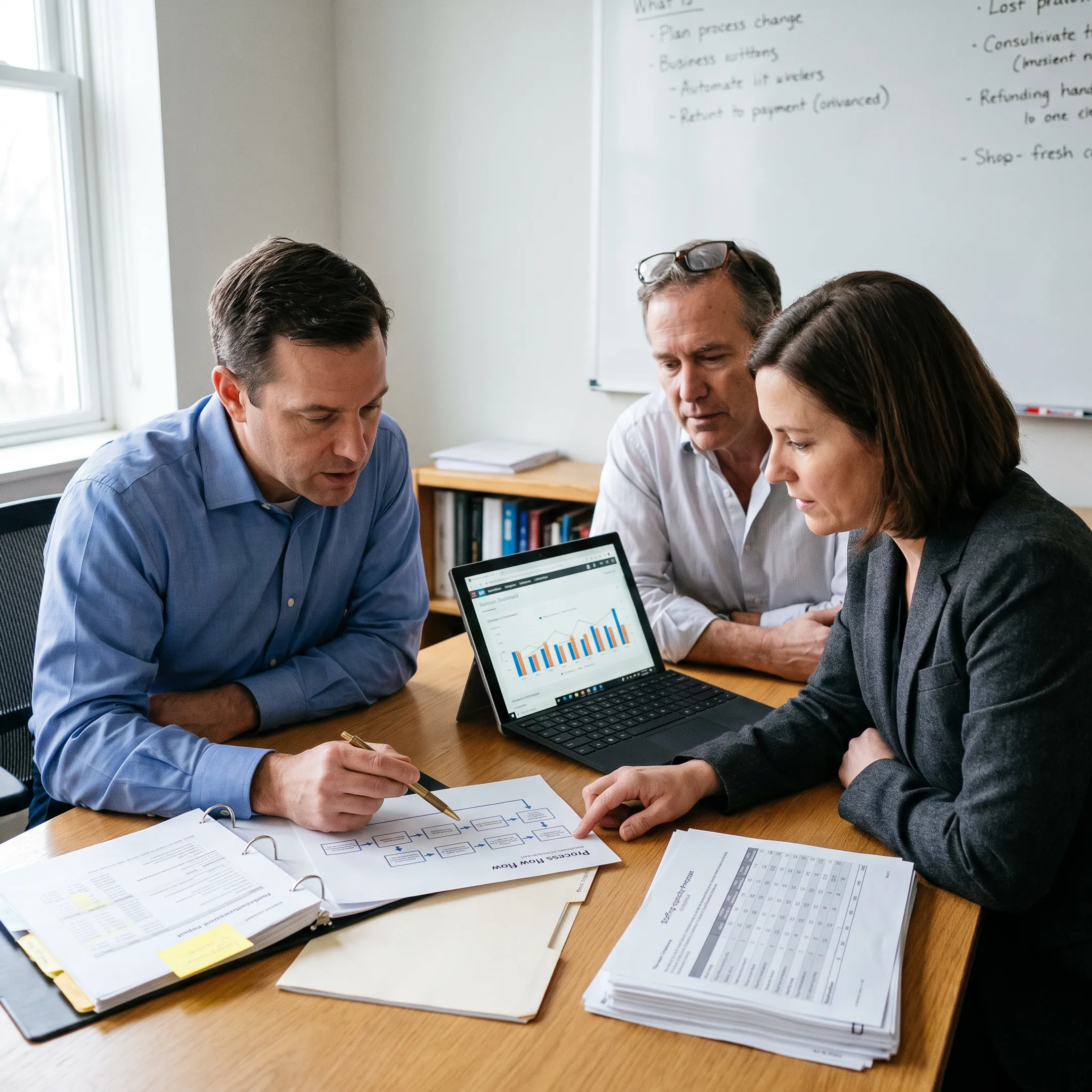 Urology practice leaders reviewing operational and financial performance data