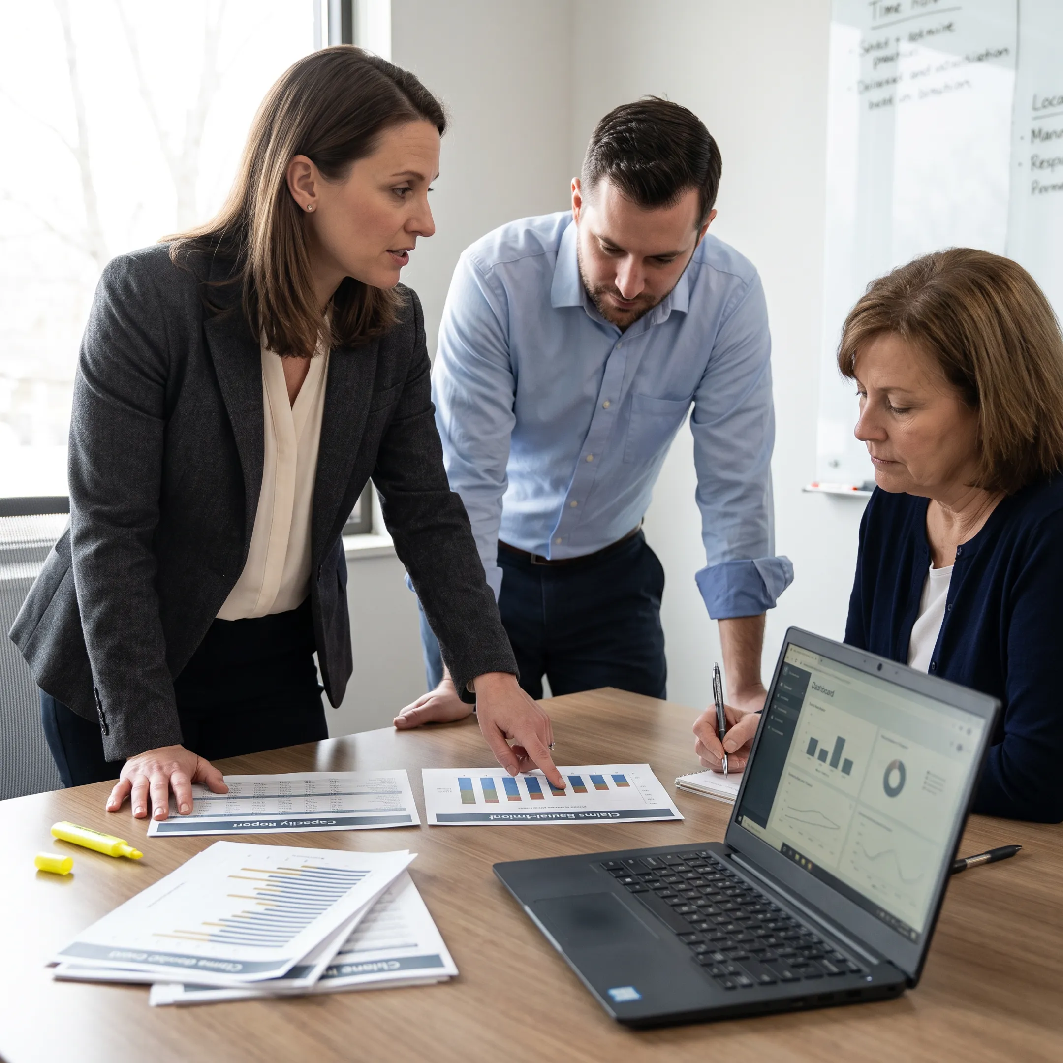 Urology practice administrator reviewing revenue cycle reports with a consultant