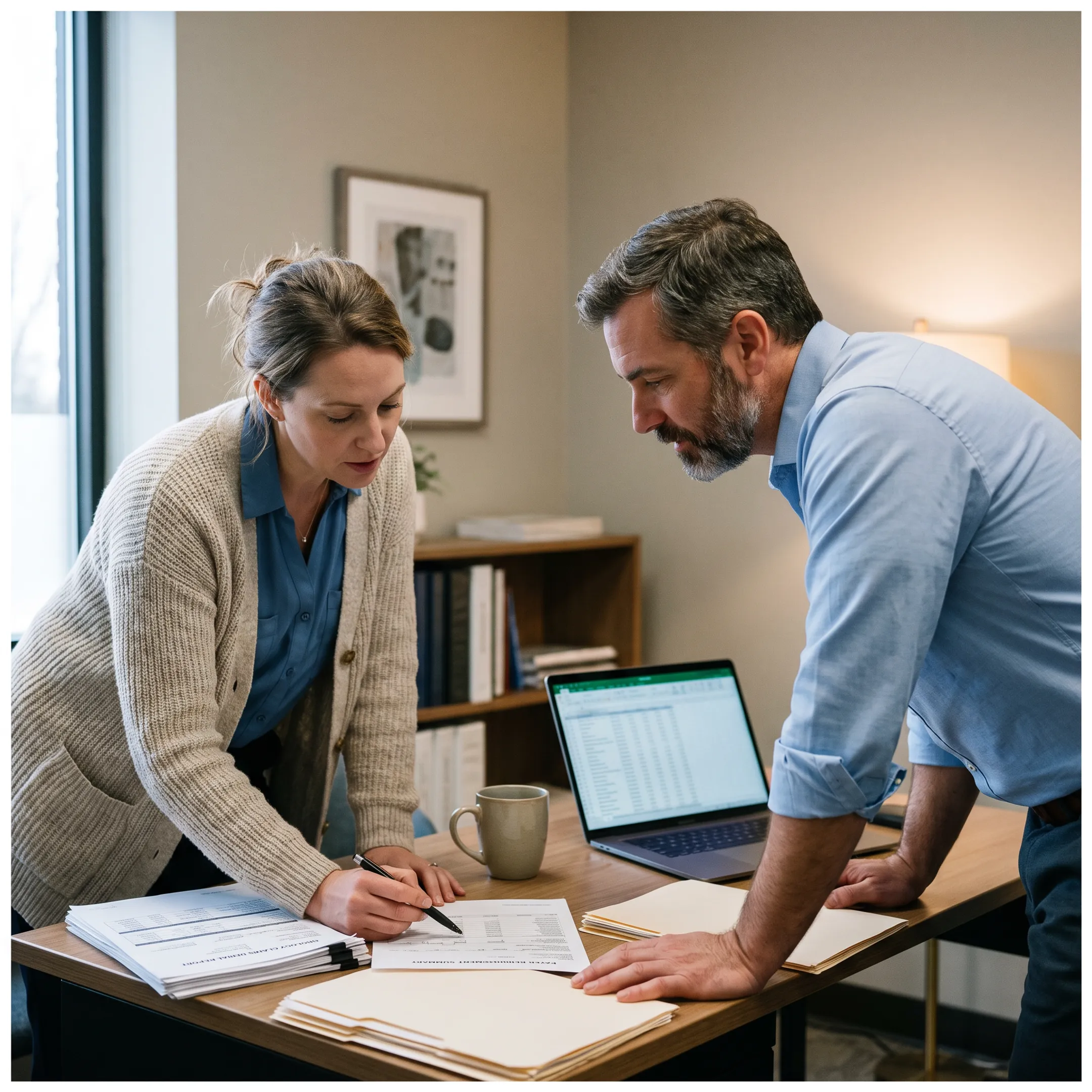 Urology billing specialist reviewing claims and reimbursement data with a practice administrator