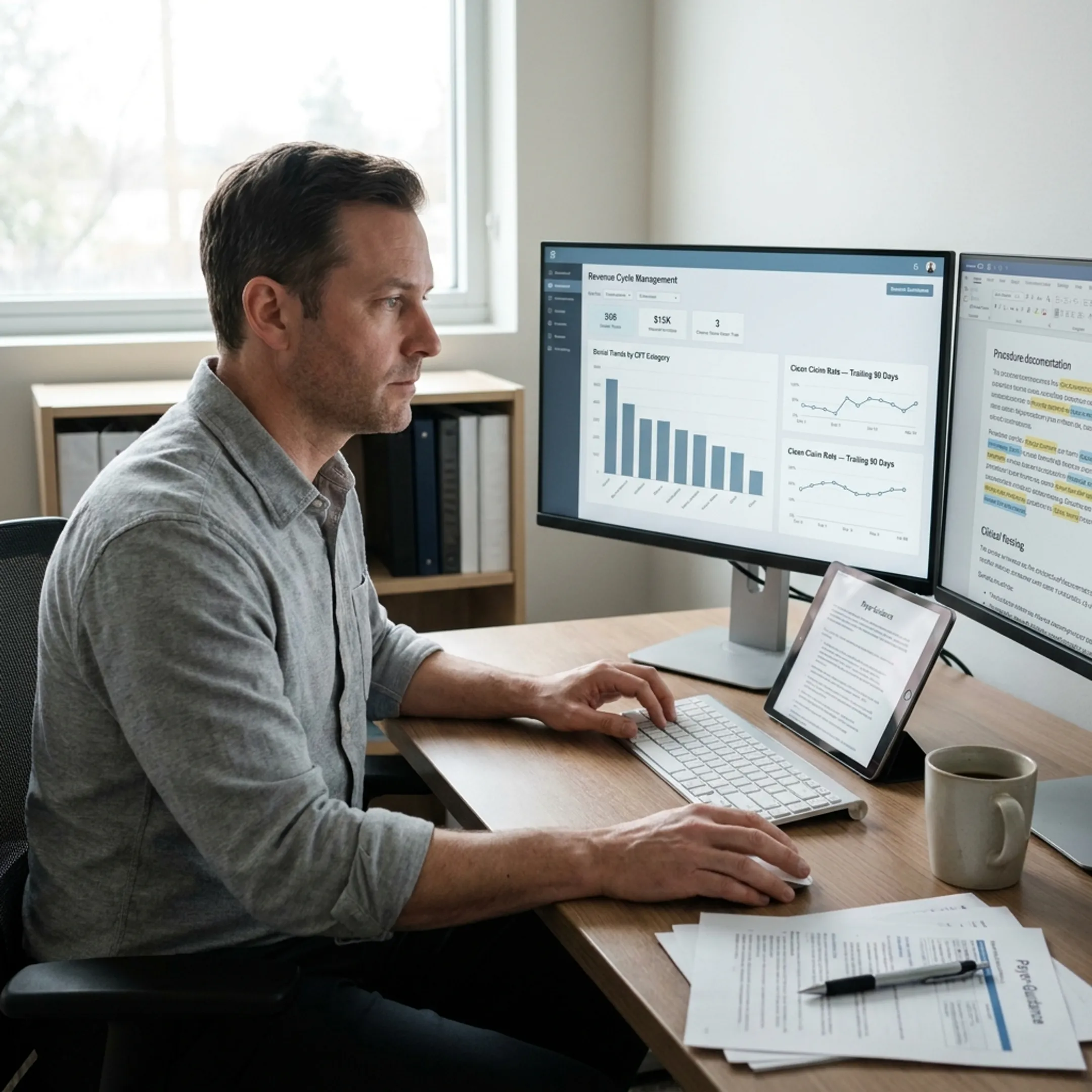 Urology practice administrator reviewing automated coding insights and payer guidance