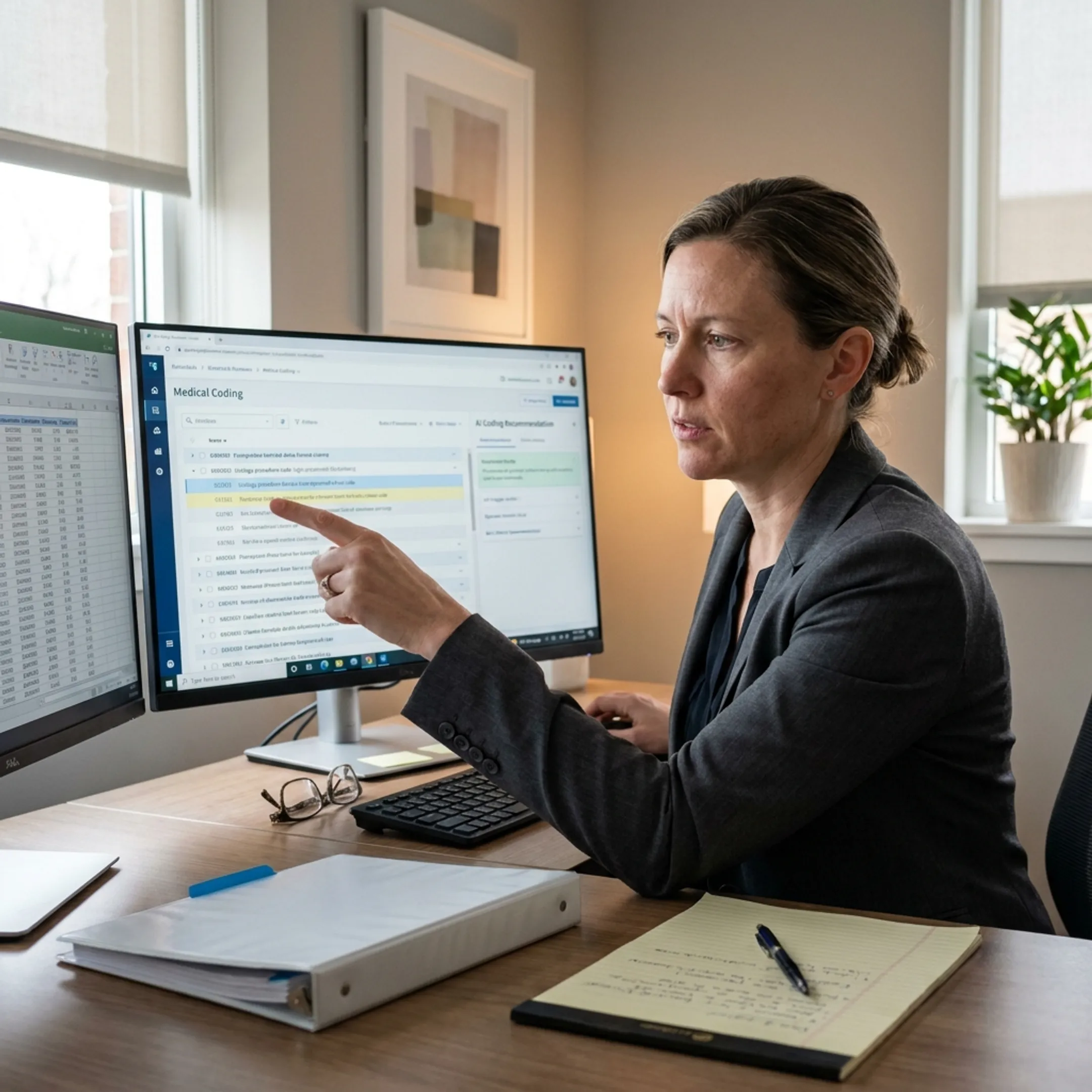 Urology coding specialist reviewing AI-assisted claims analysis on a computer
