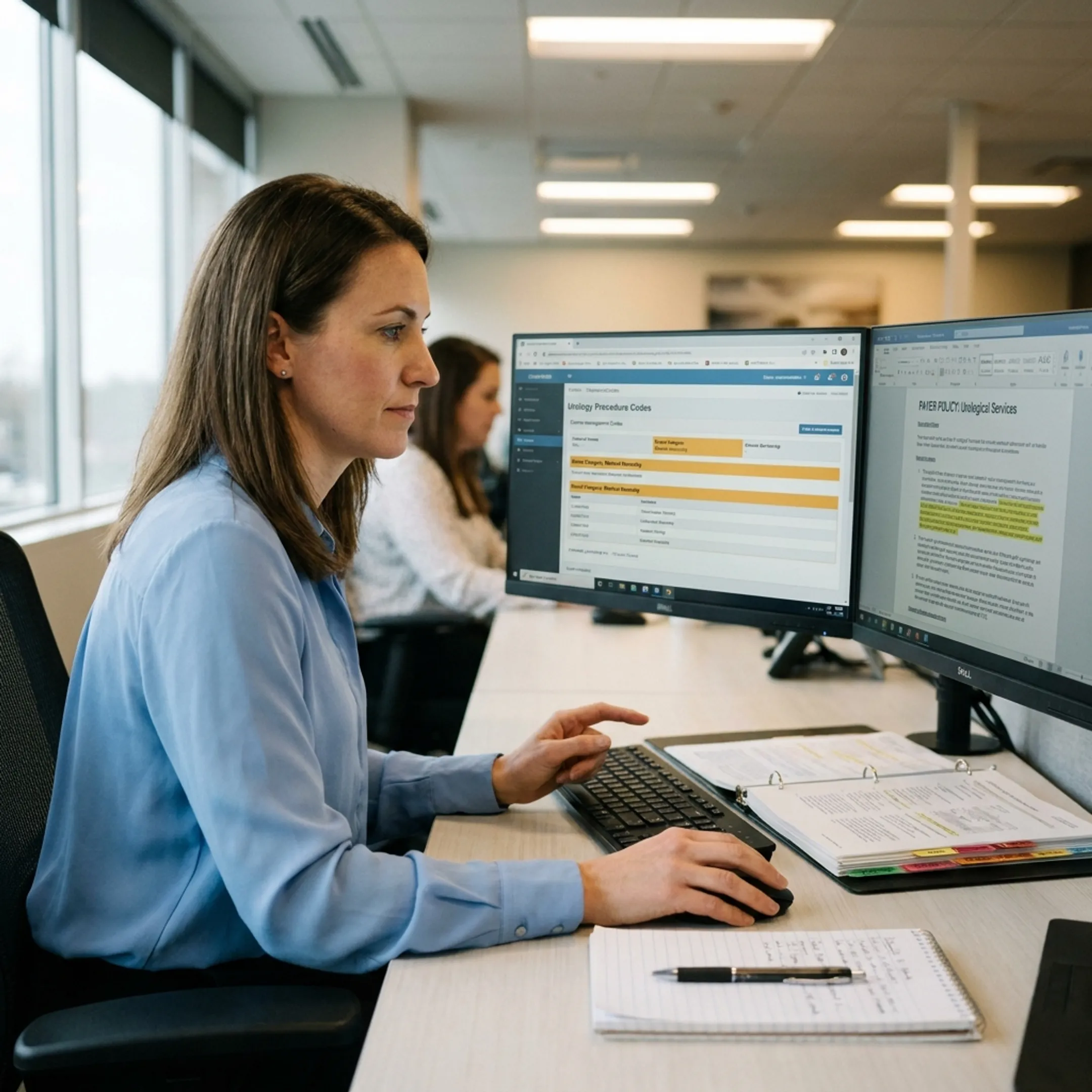 Urology coding specialist comparing claims data with payer guidance