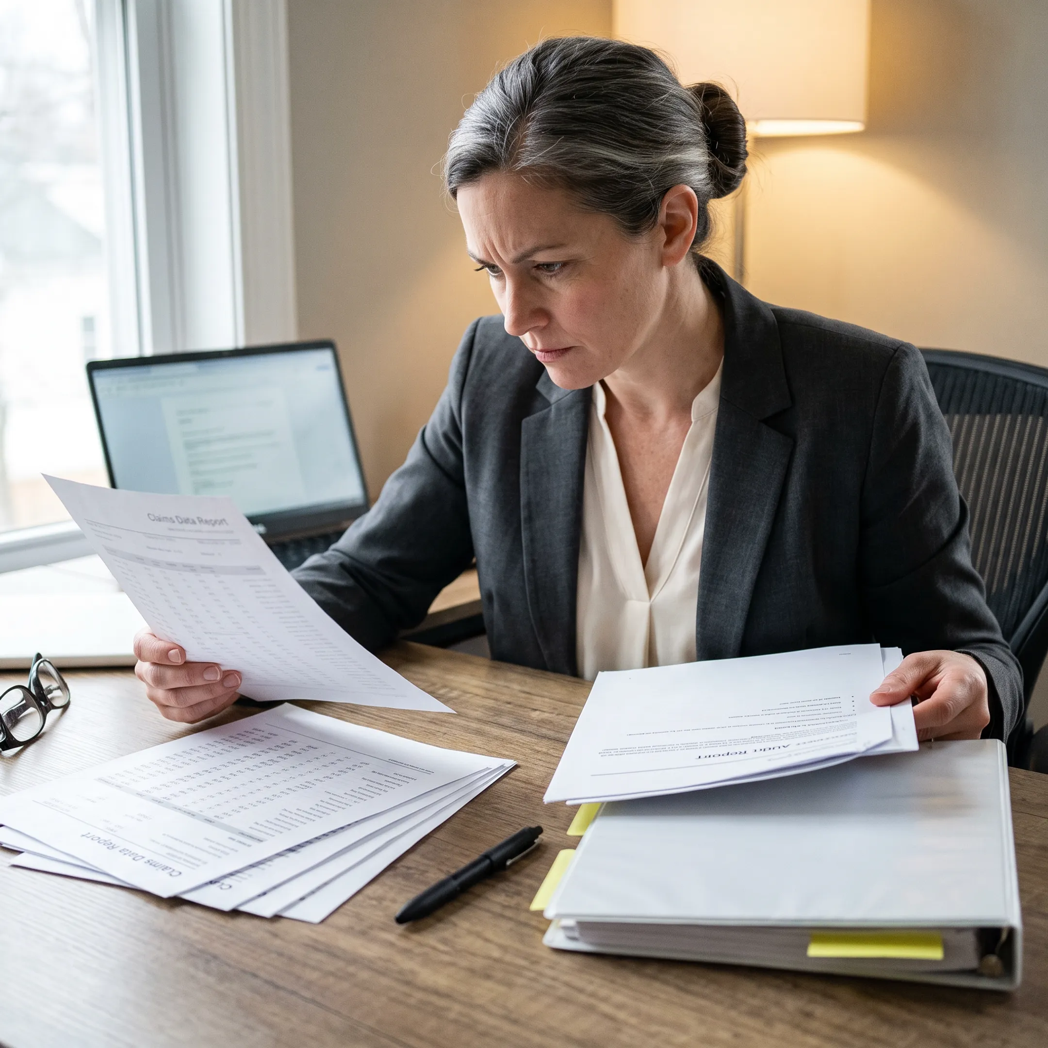 Urology practice administrator reviewing coding audit reports and compliance documentation