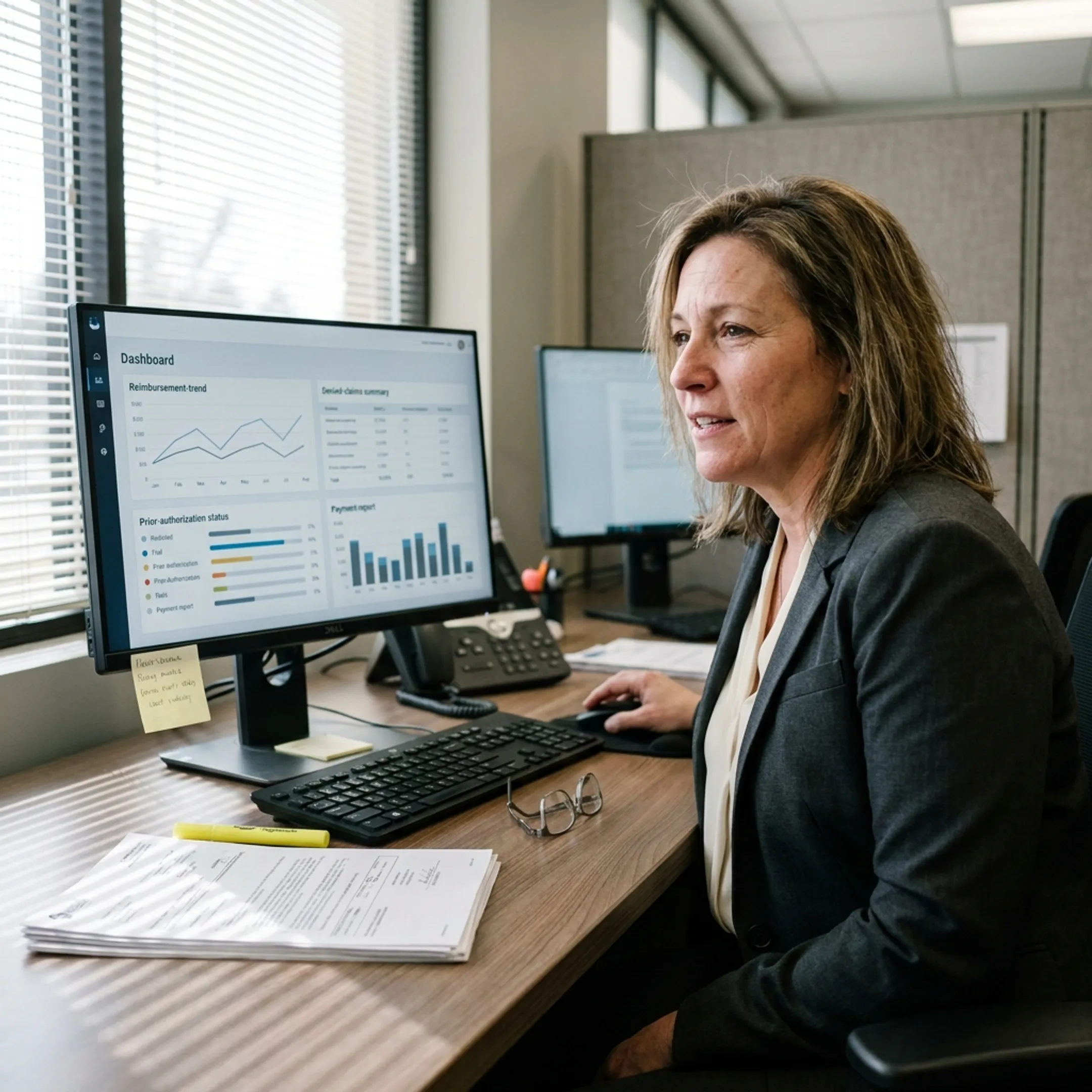 Specialist analyzing urology reimbursement and denial reports on a computer