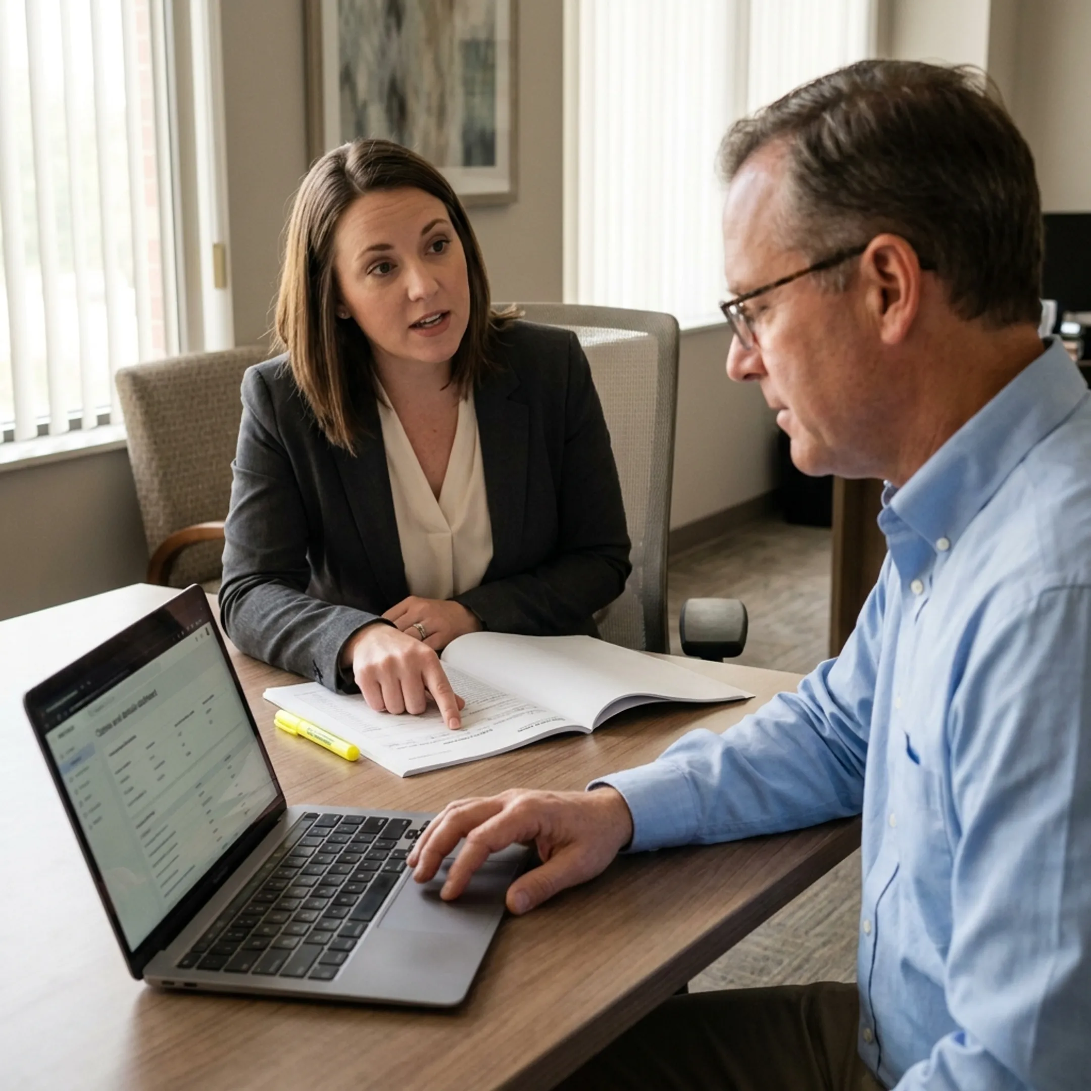 Urology revenue cycle specialist reviewing claims and denial data with a practice administrator