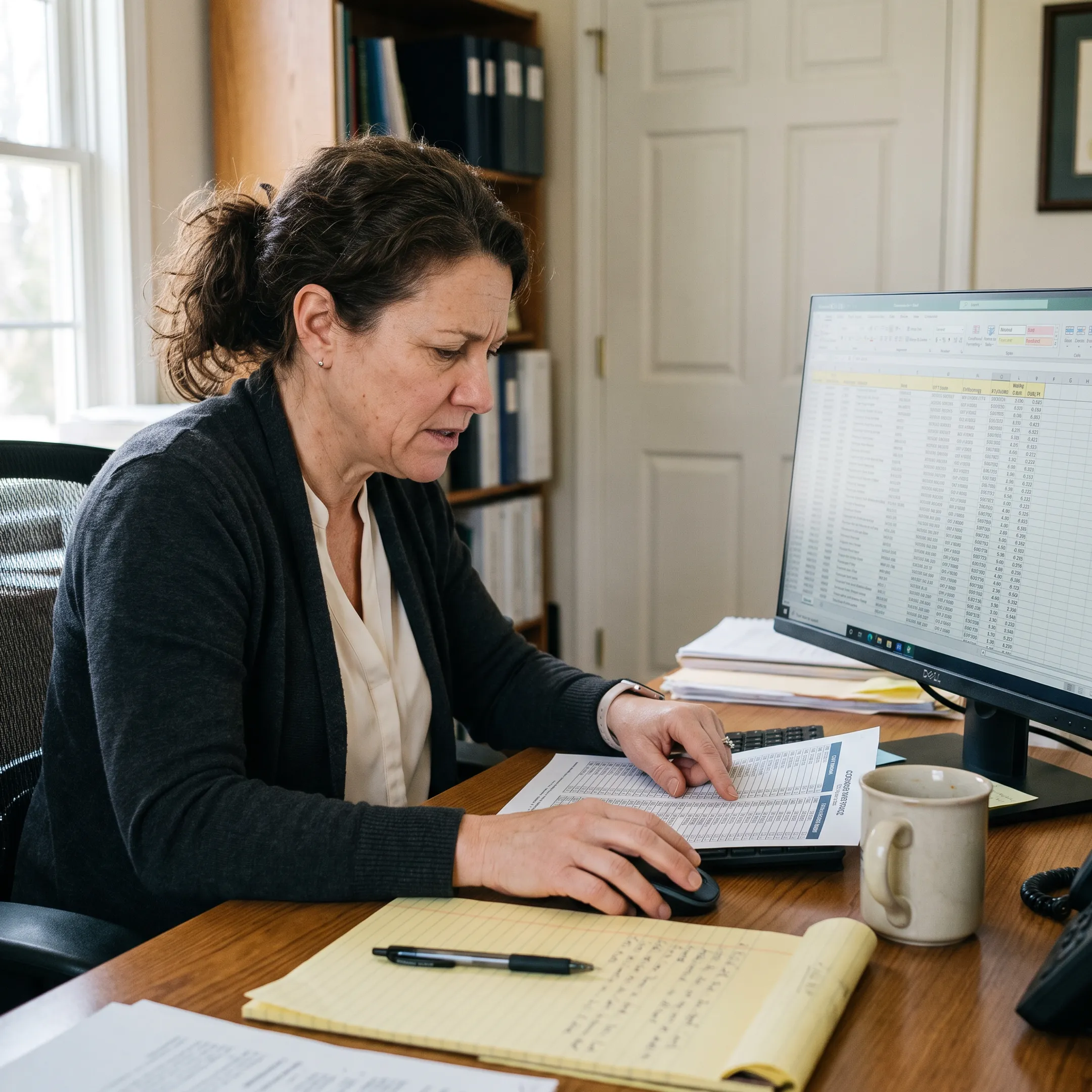 Urology practice administrator reviewing a CPT RVU calculator and procedure economics dashboard