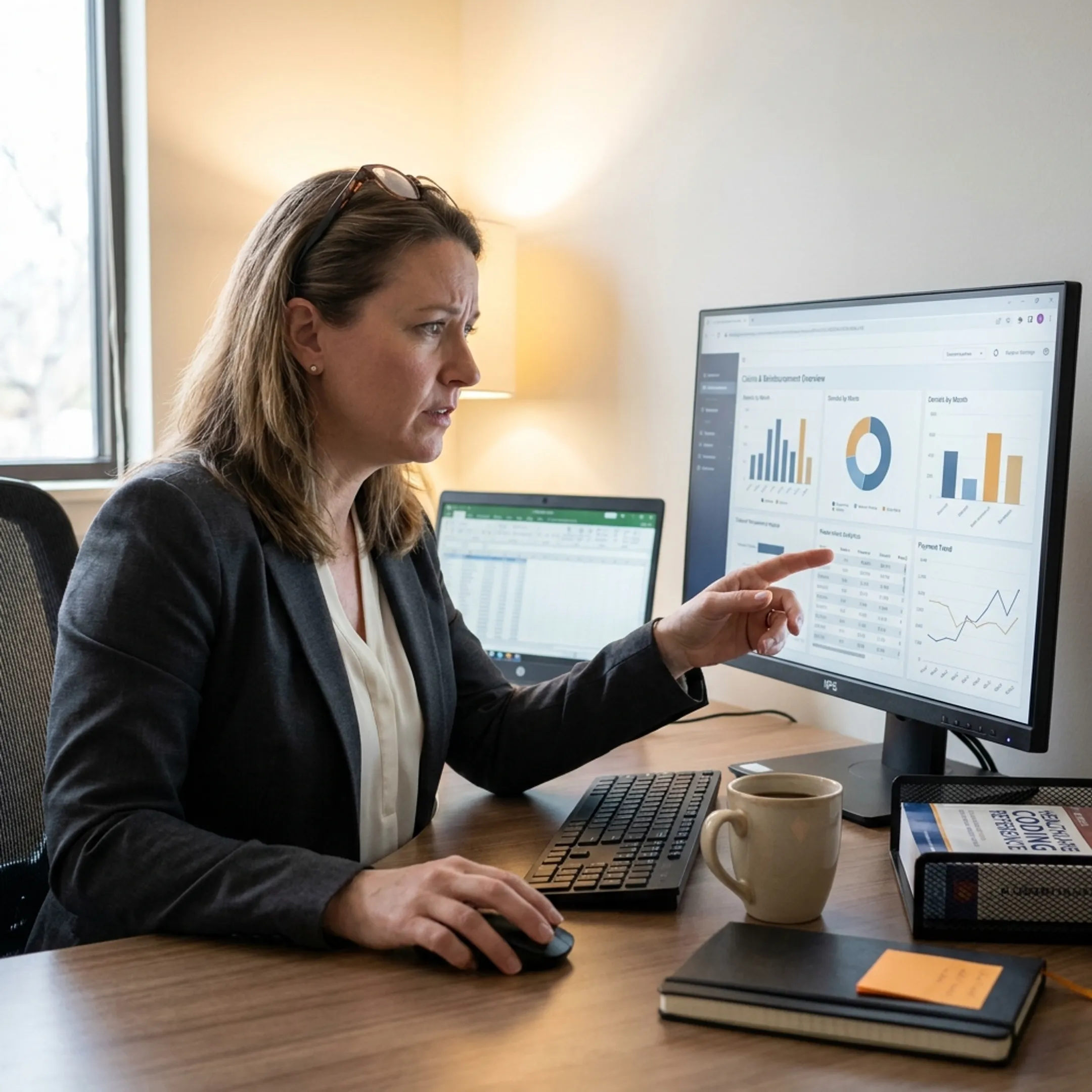 Urology practice administrator reviewing denial analytics on a computer dashboard