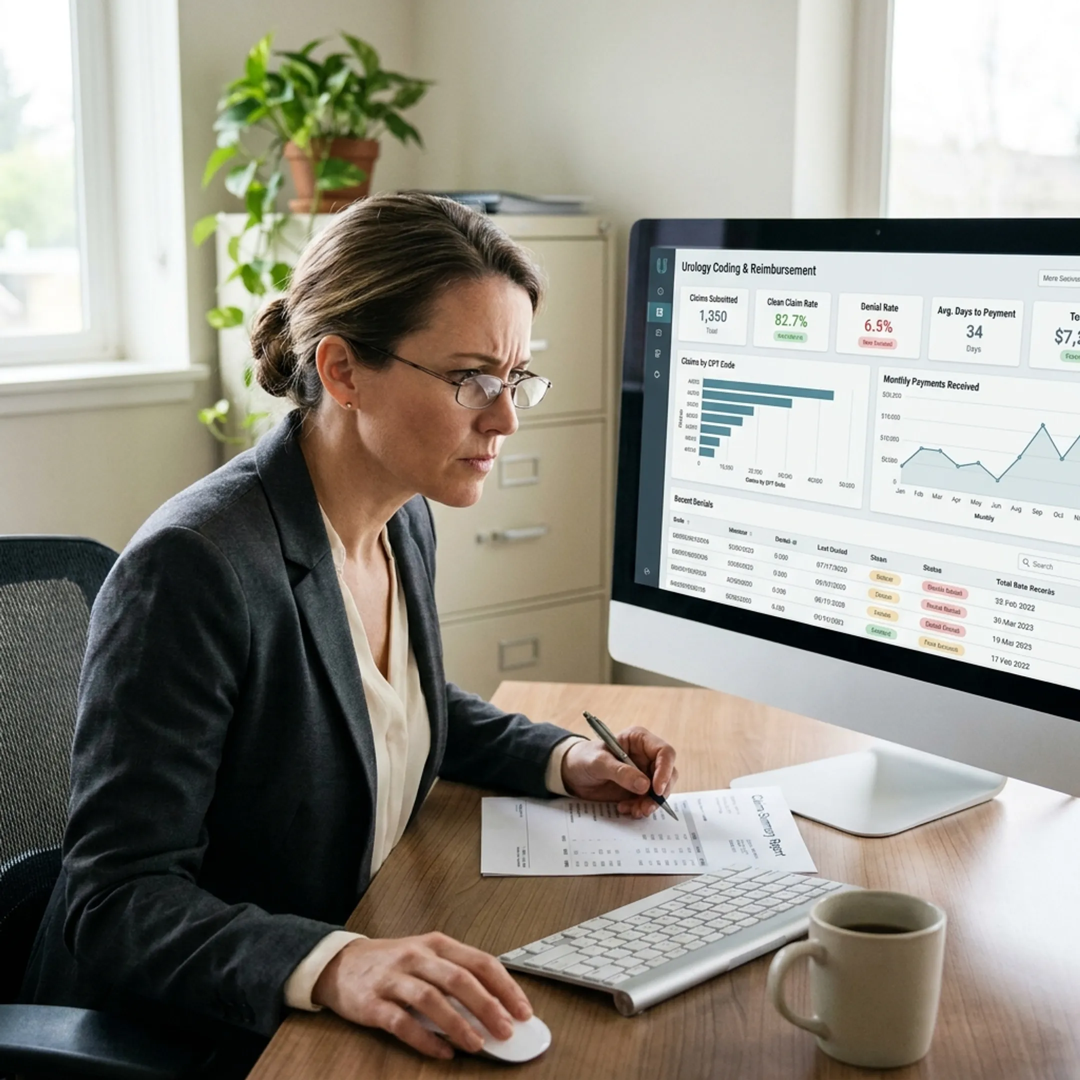 Urology administrator examining coding and reimbursement analysis