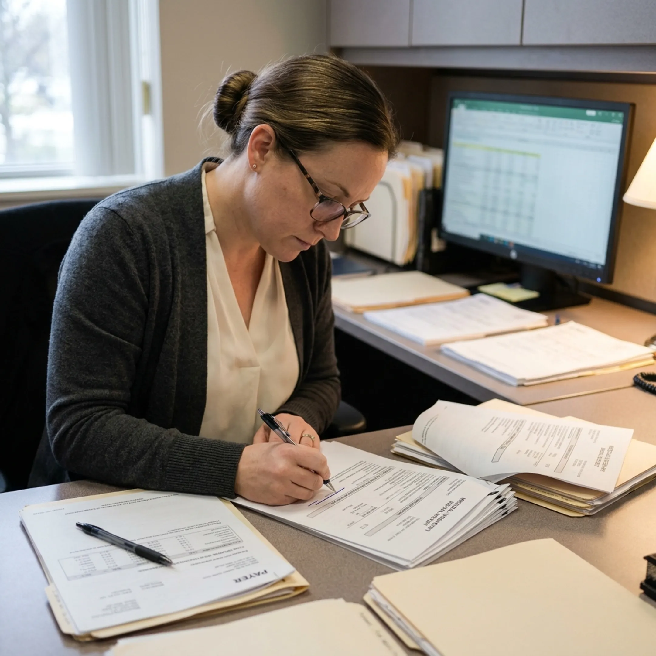 Urology billing specialist reviewing claims, payment records, and patient financial information at a desk