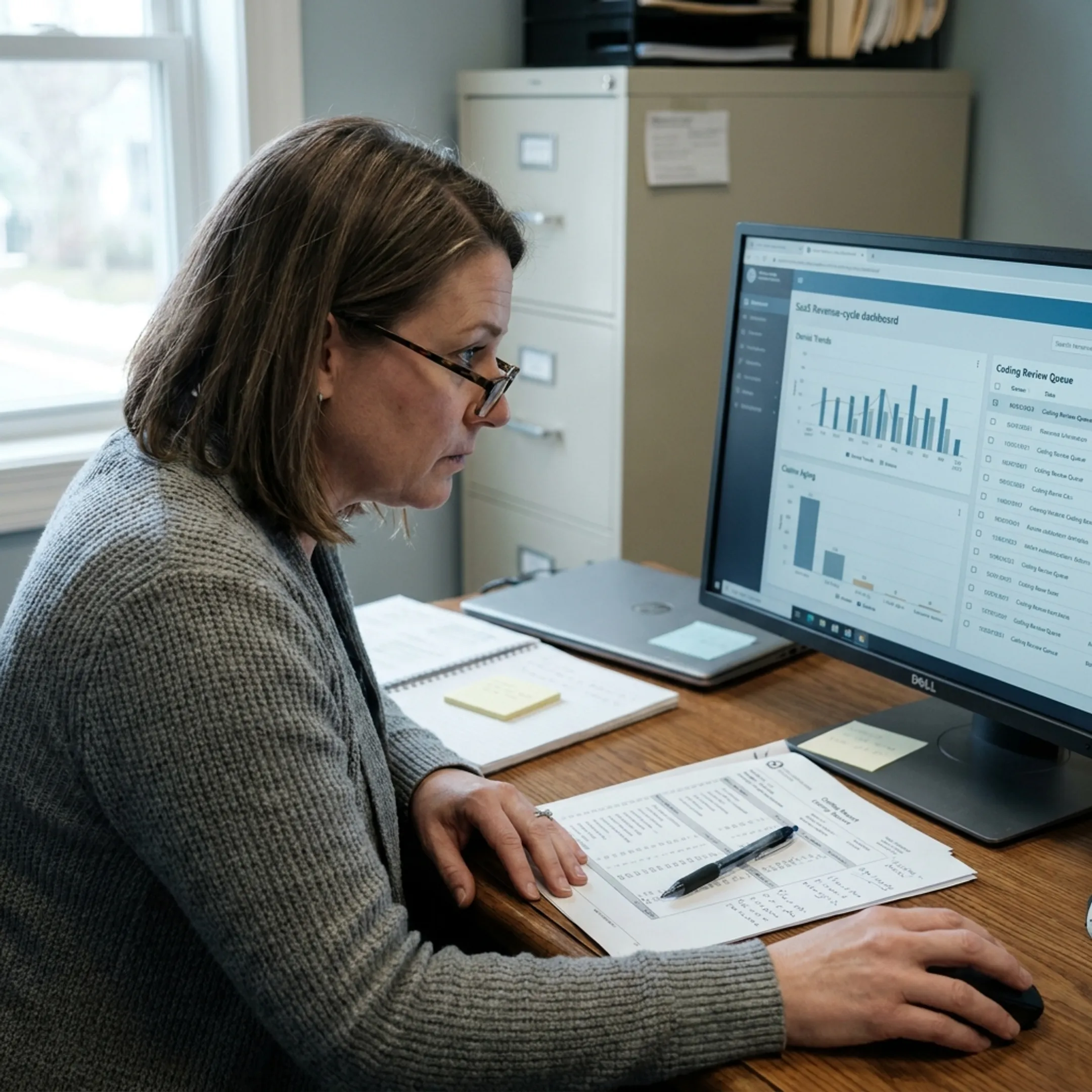 Urology practice administrator analyzing reimbursement and revenue cycle reports