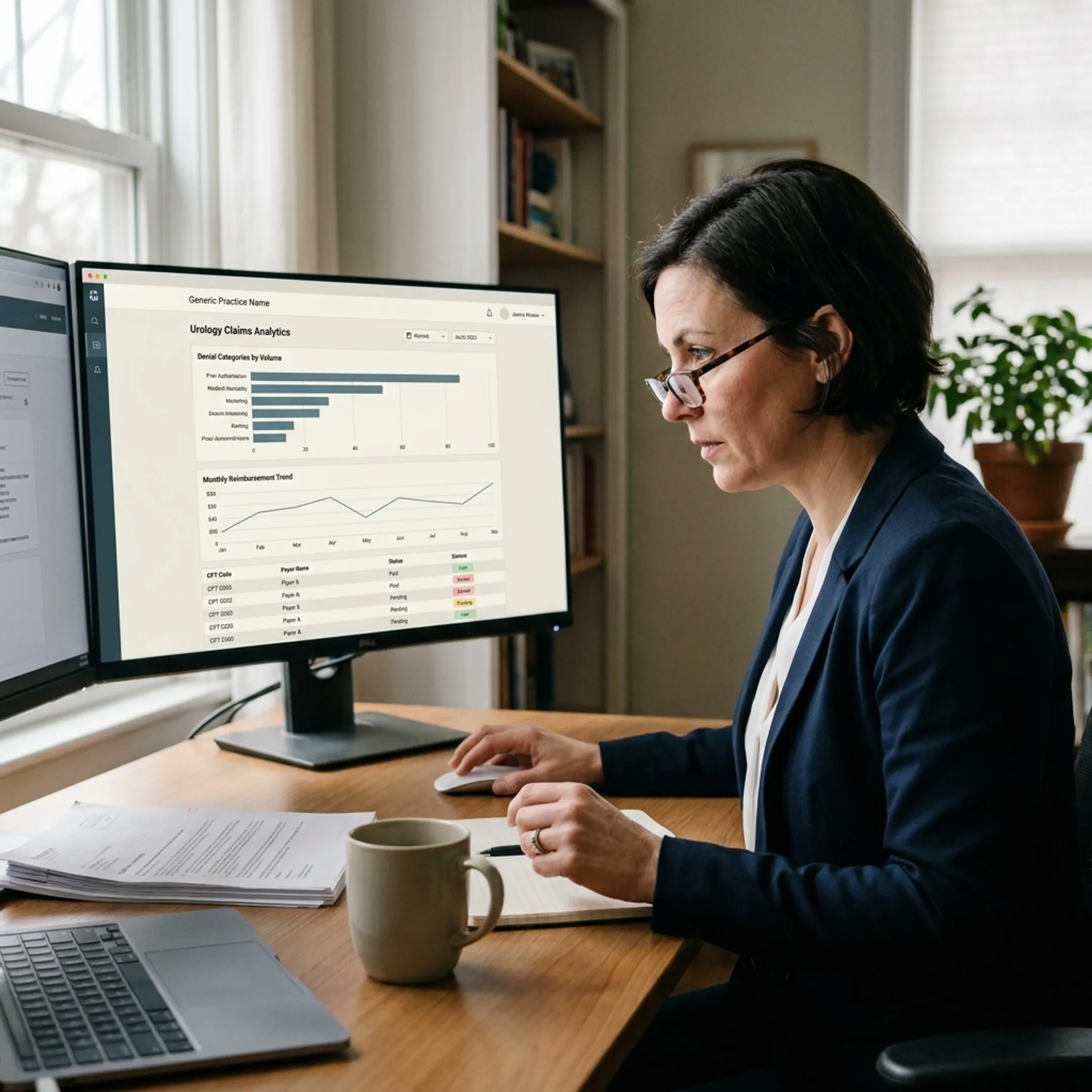 Urology consultant examining coding and payment analysis on a computer