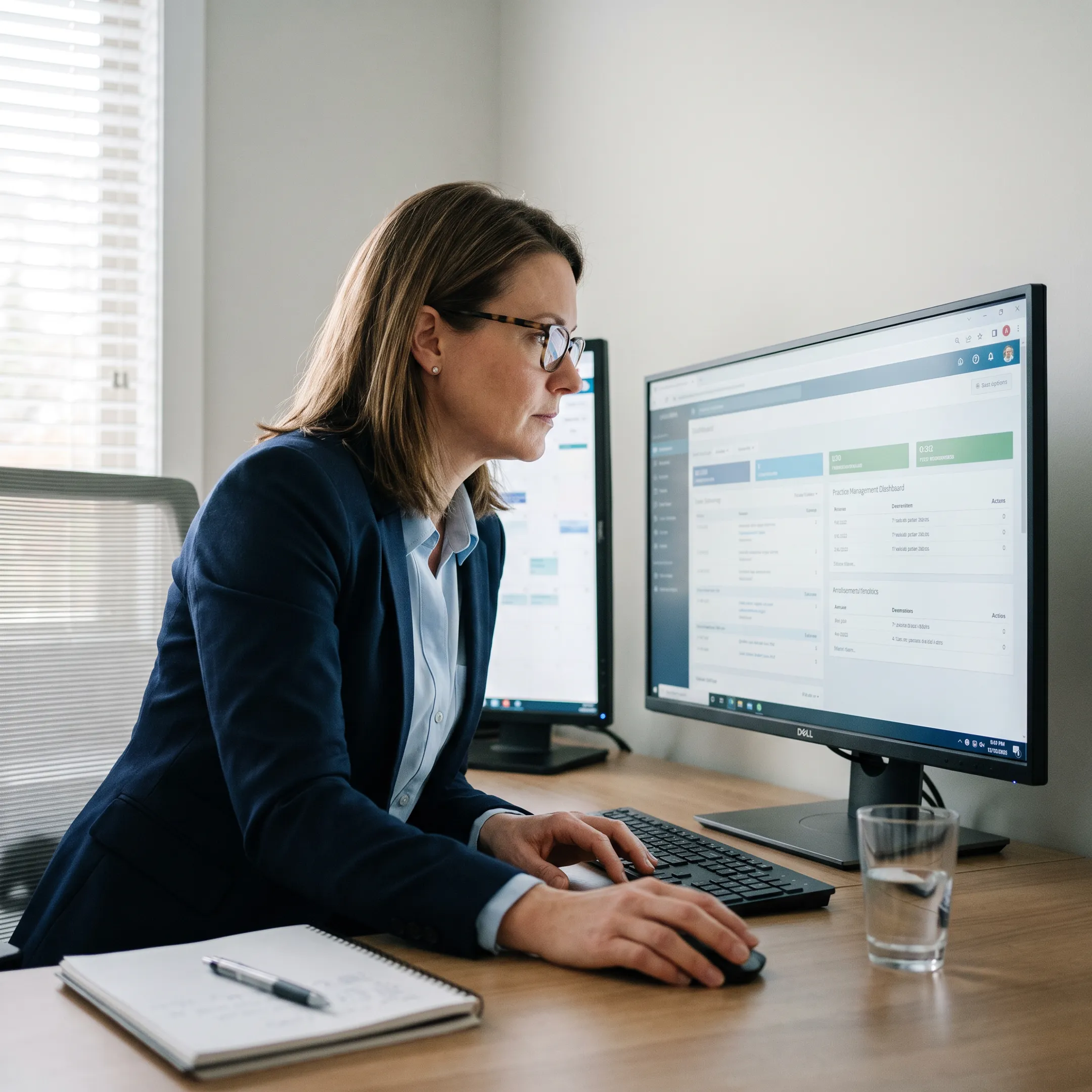 Urology practice administrator reviewing referral analytics on a computer