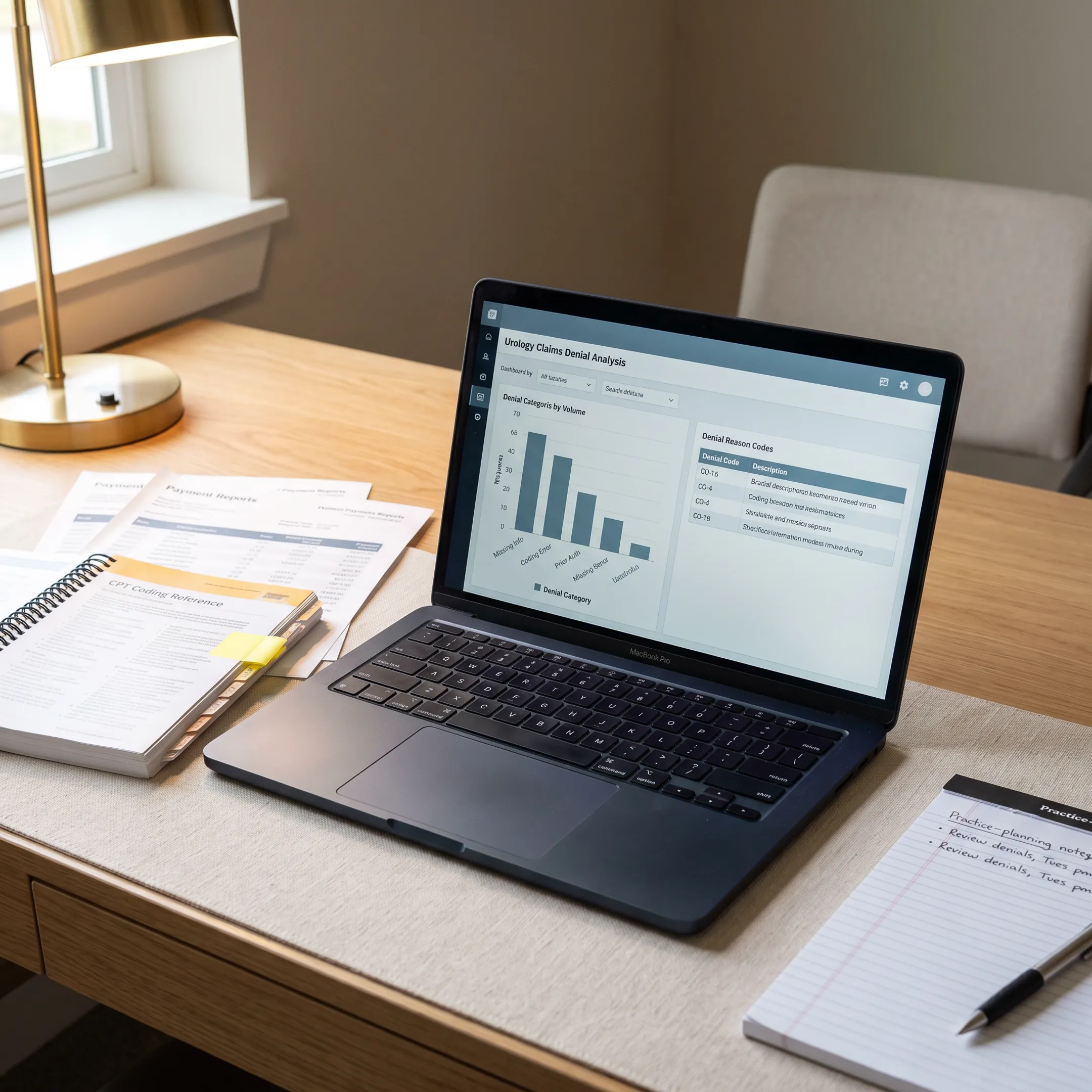Urology revenue cycle dashboard displayed on a laptop beside practice documents