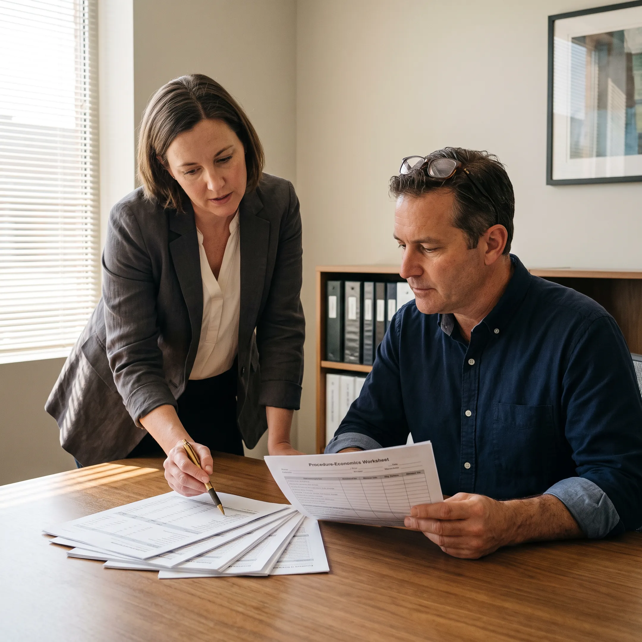 Consultant and urology practice administrator analyzing operational and financial reports