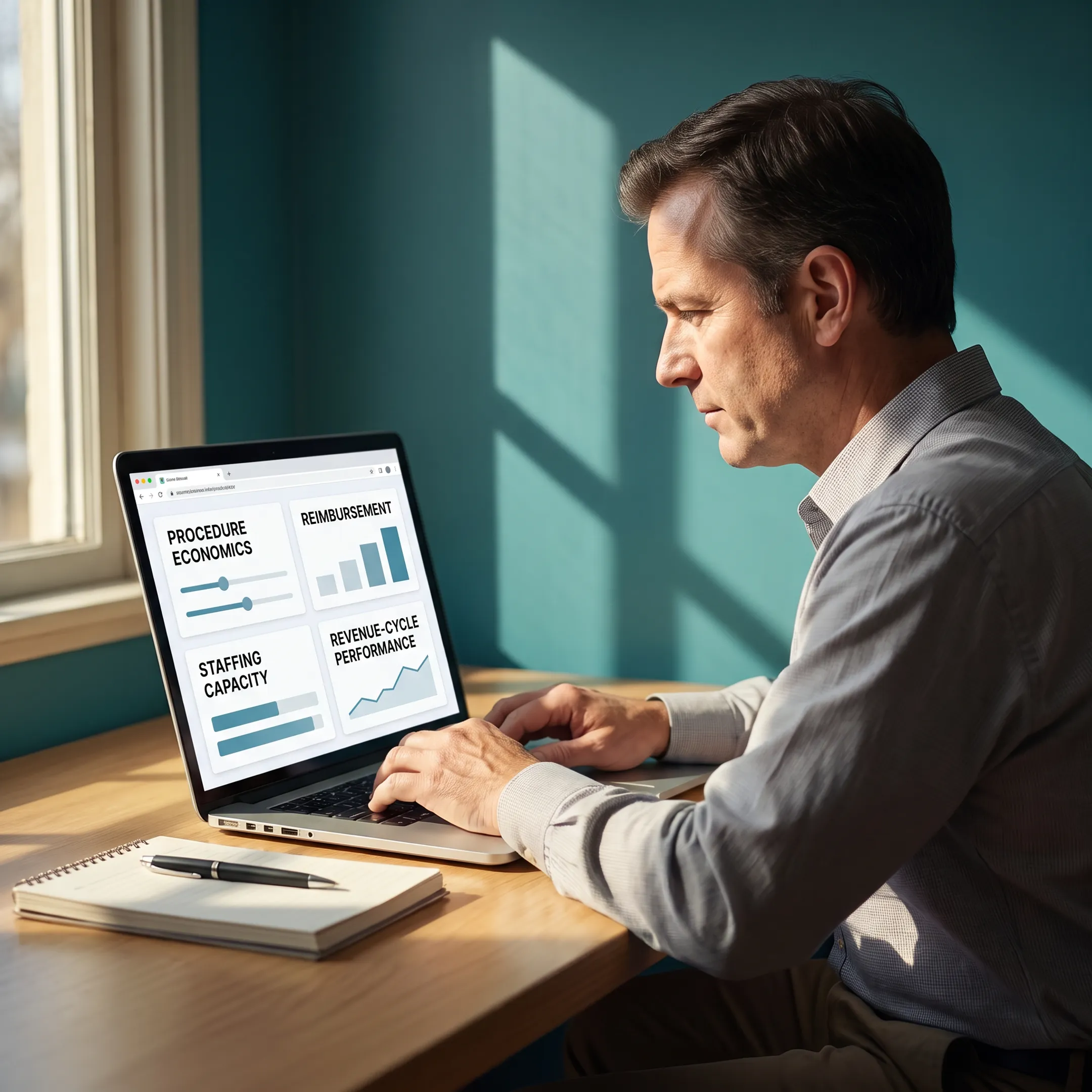 Urology practice owner using software tools to evaluate operations and revenue