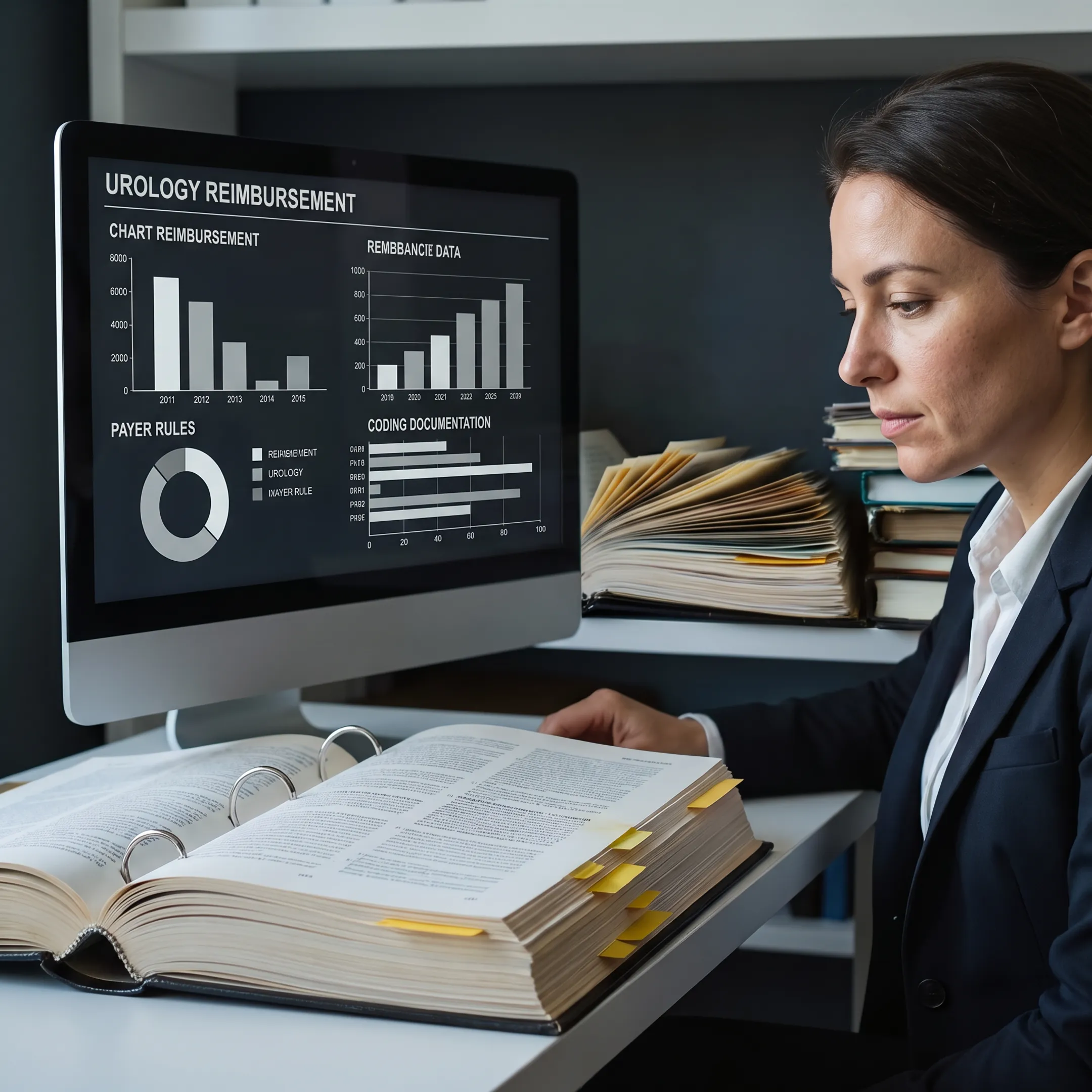 Urology billing specialist analyzing payer reimbursement and denial information