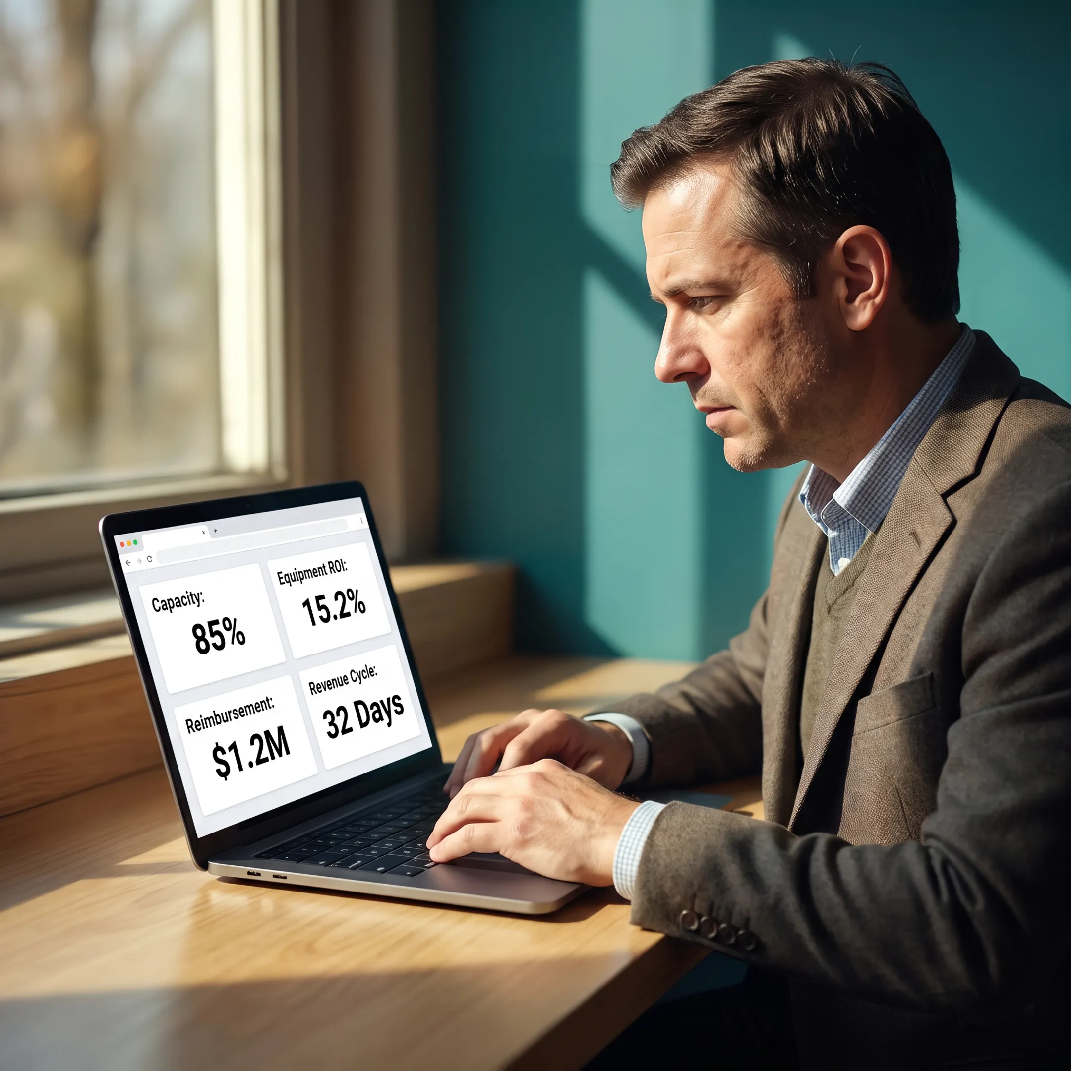 Urology administrators using practice-planning tools on a laptop