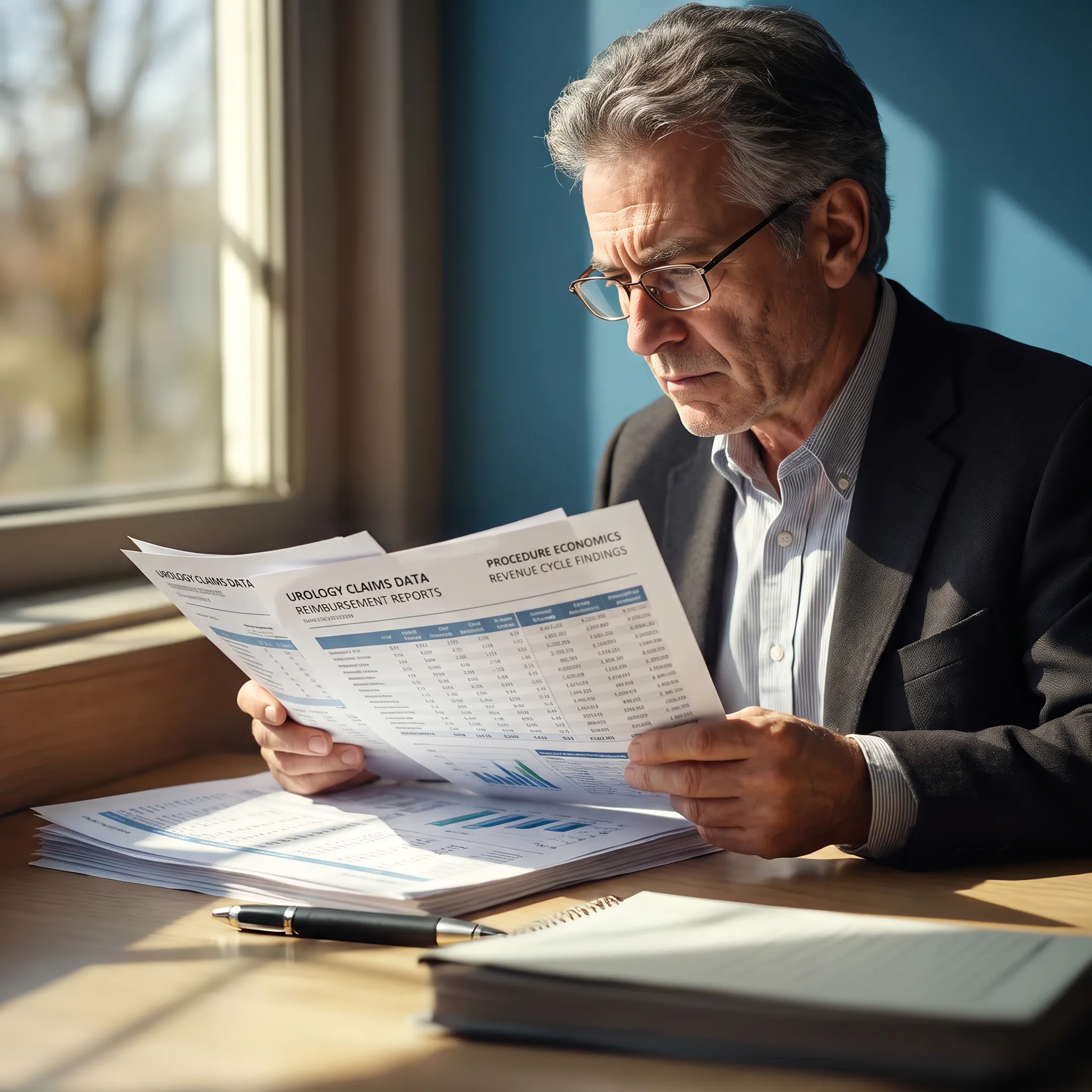 Urology practice owner comparing reimbursement data with procedure economics reports