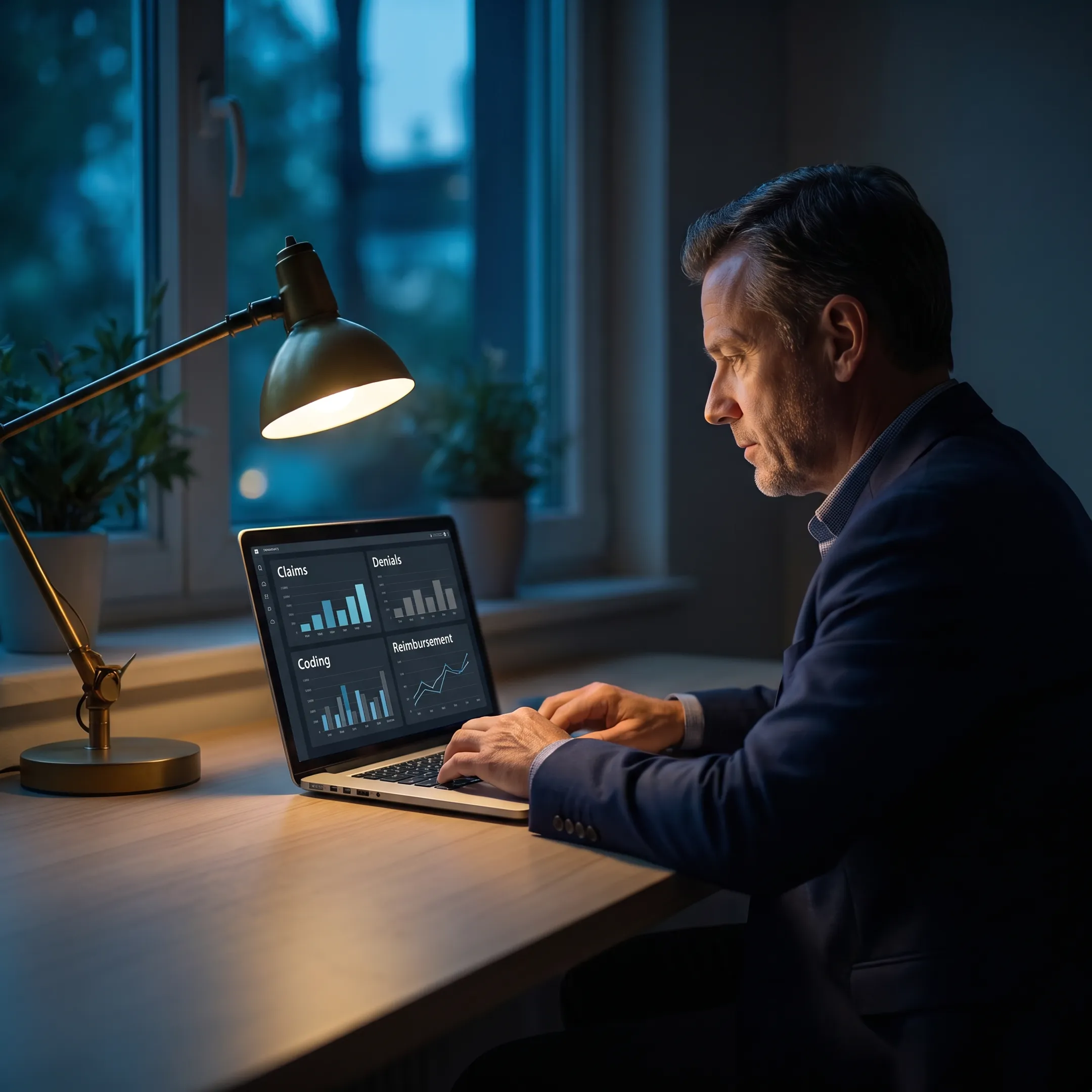 Urology practice administrator reviewing billing reports and revenue cycle analytics with a consultant