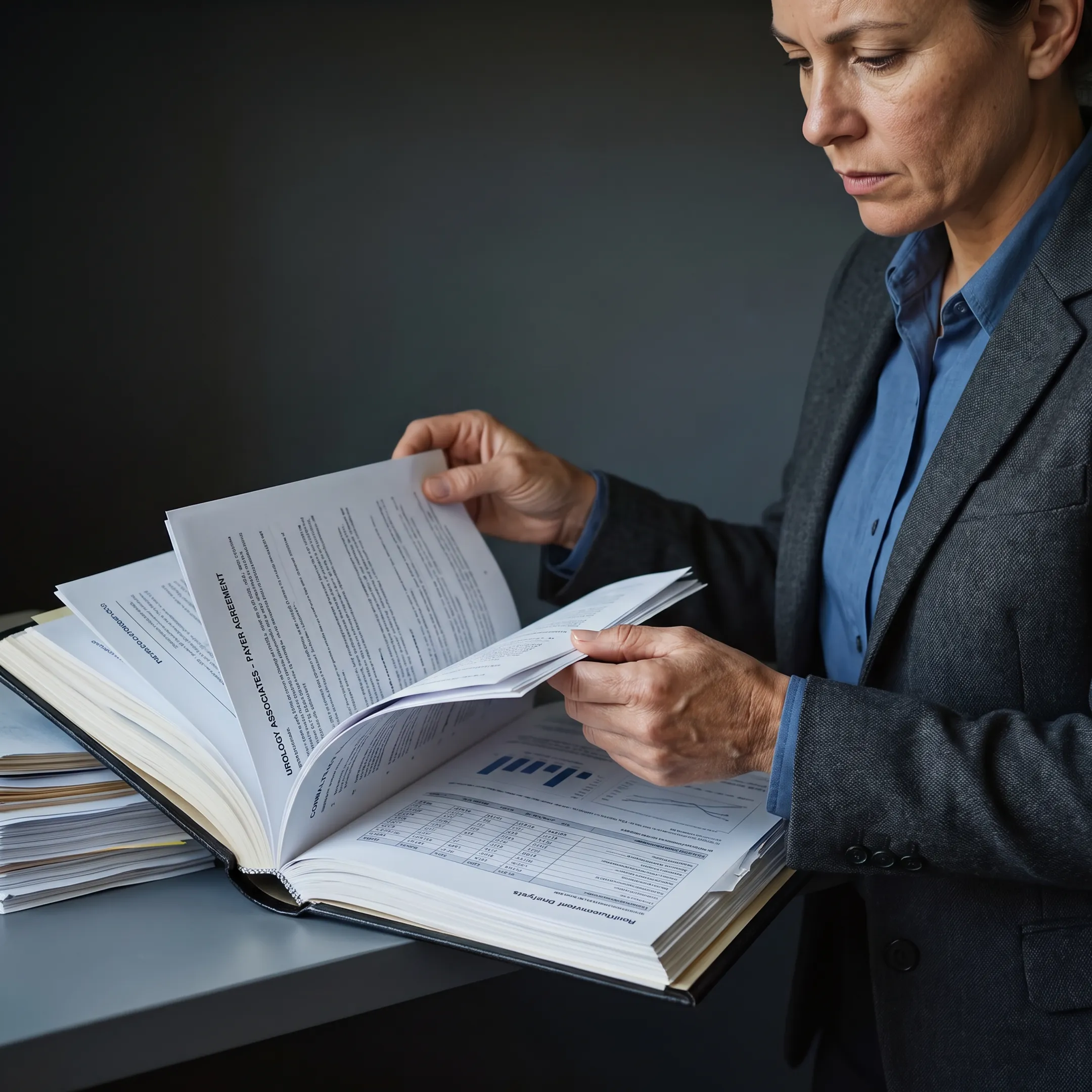 Urology practice administrator reviewing billing contract documents and reimbursement analysis at a desk