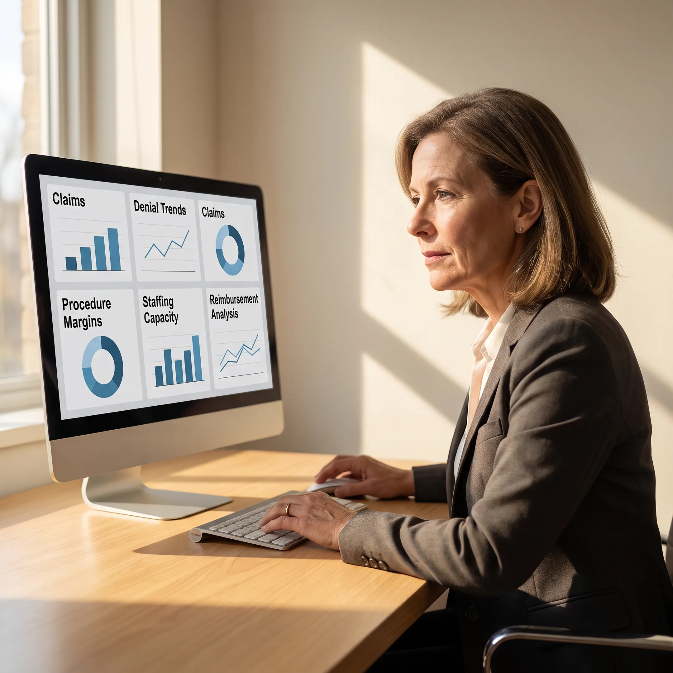 Urology practice administrator analyzing operational and reimbursement data