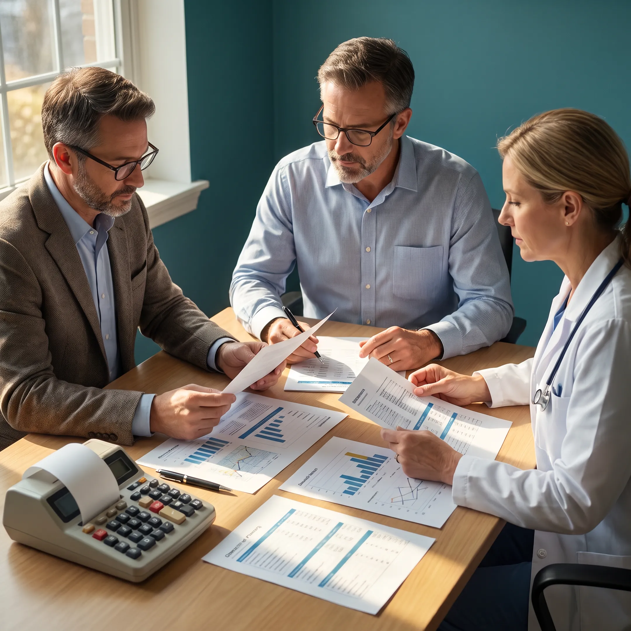 Urology practice owners reviewing financial and operational planning documents