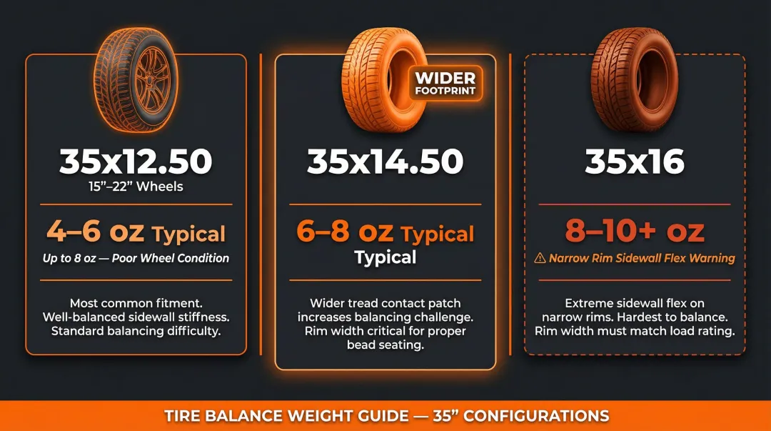 35-inch tire size balance weight comparison chart by configuration and width