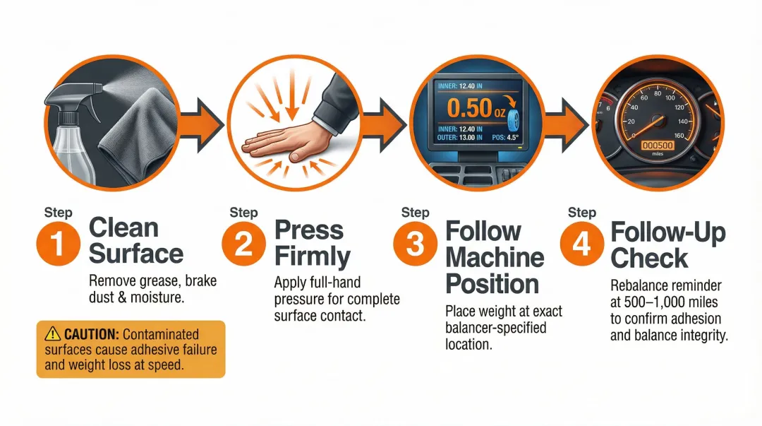 Adhesive wheel weight installation process steps for 35-inch off-road tires