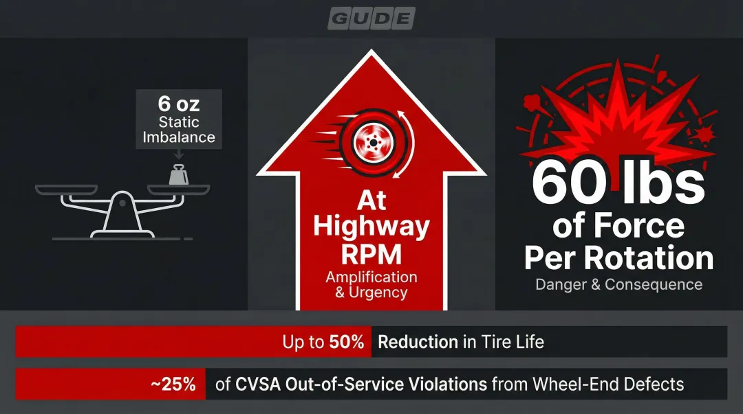 Wheel imbalance force amplification showing 6 ounces escalating to 60 pounds at highway speed