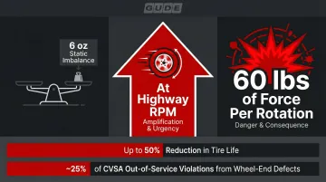 Wheel imbalance force amplification showing 6 ounces escalating to 60 pounds at highway speed