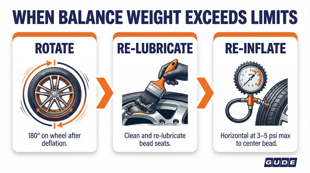 Three-step tire remounting process rotate re-lubricate re-inflate procedure flow diagram
