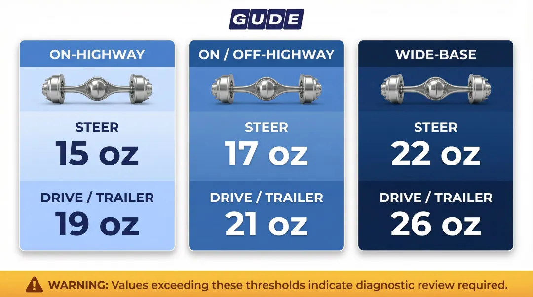 Light truck tire balance weight limits comparison by service type and axle position