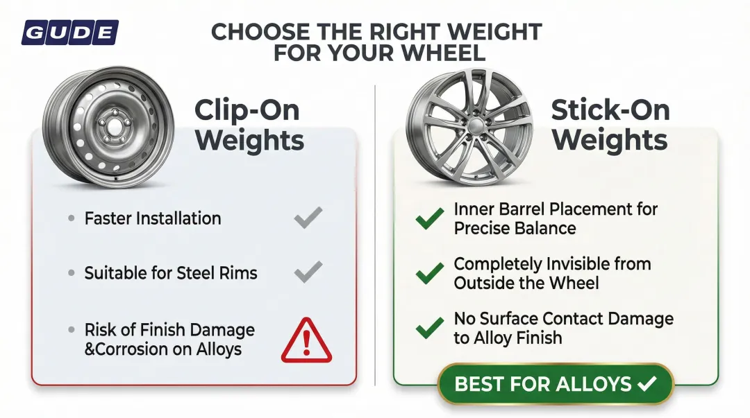 Clip-on versus stick-on wheel weights comparison for steel and alloy rims