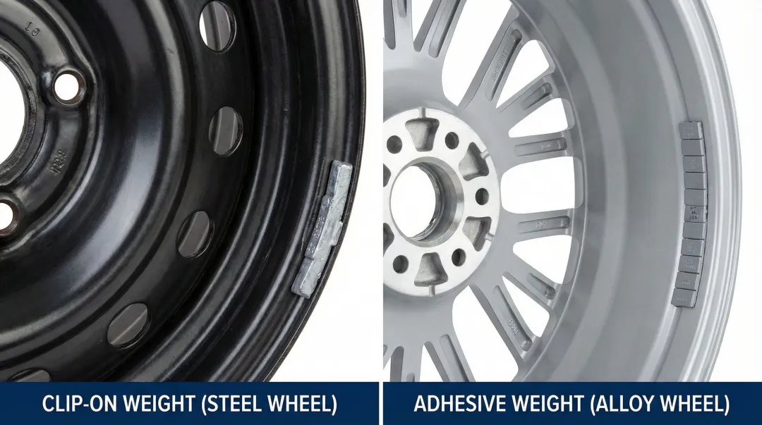 Clip-on and adhesive wheel weights applied to steel and alloy rims