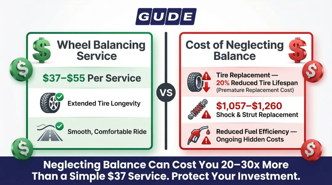 Cost comparison of wheel balancing service versus neglect repair expenses infographic