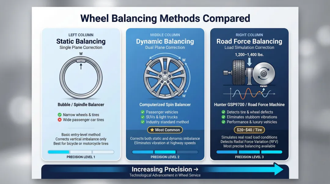 Three wheel balancing methods static dynamic and road force comparison infographic