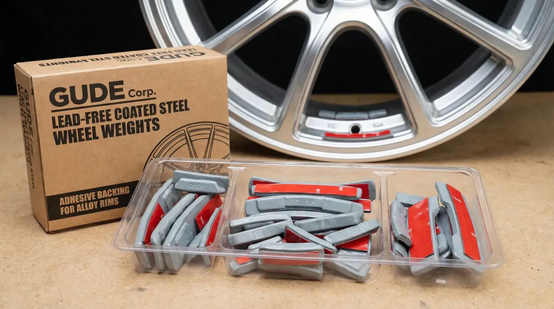 Lead-free coated steel adhesive wheel weights for alloy rim applications